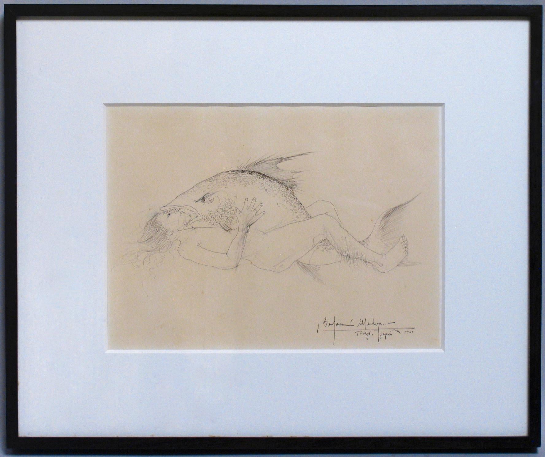 Mid-20th Century Pencil Drawing by the Bolivian Surrealist Artist, Benjamin Mendoza y Amor Flores For Sale