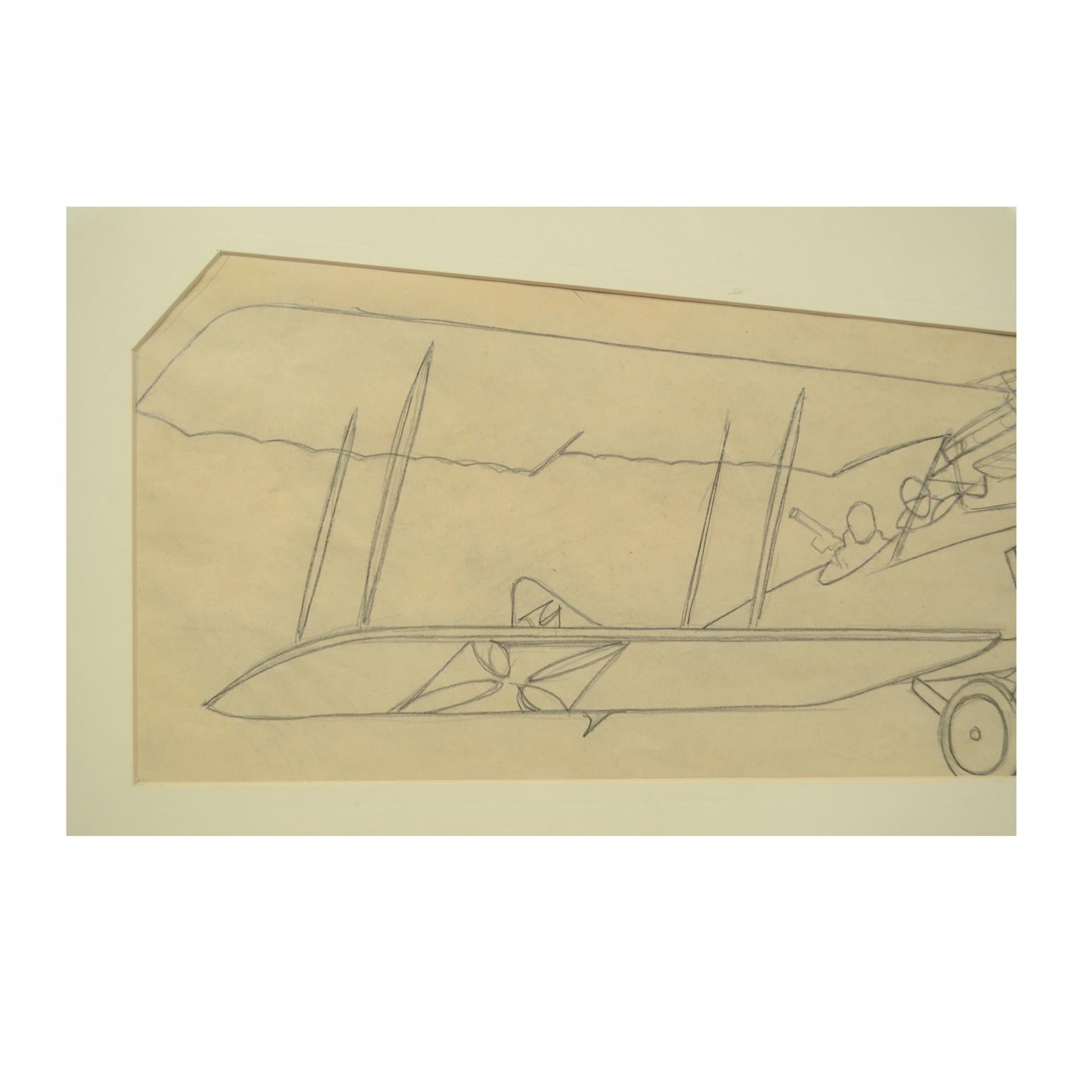 Italian Pencil Drawing Depicting a Brandenburg C I Aircraft WWI by Riccardo Cavigioli For Sale
