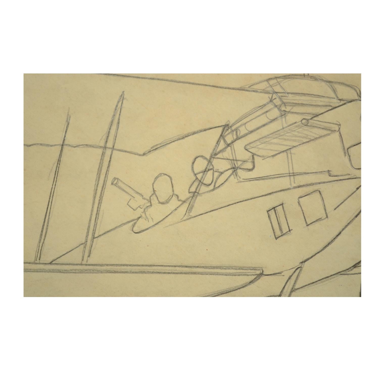 Dessin au crayon représentant un avion Brandenburg C I de la Première Guerre mondiale par Riccardo Cavigioli Bon état - En vente à Milan, IT