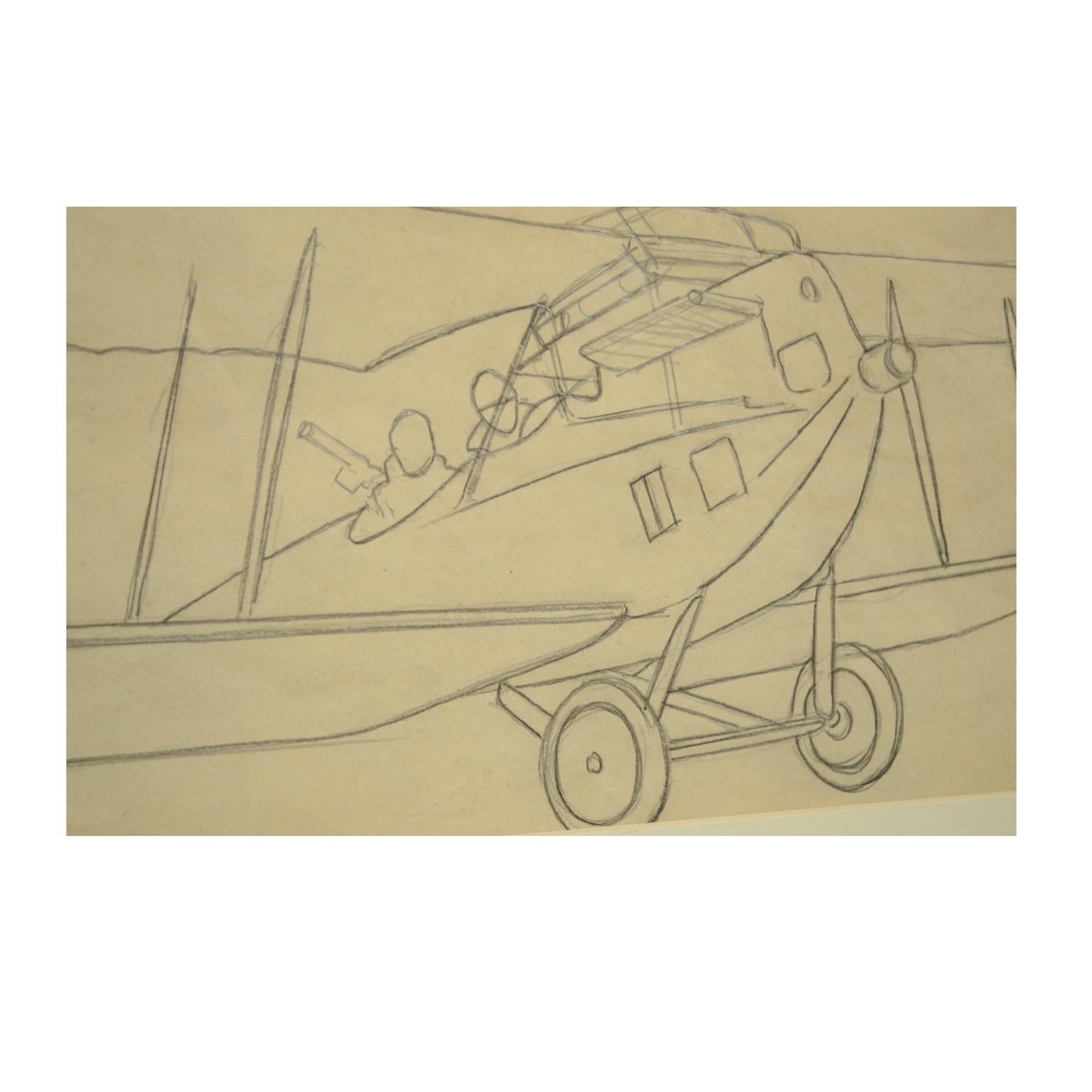 Début du 20ème siècle Dessin au crayon représentant un avion Brandenburg C I de la Première Guerre mondiale par Riccardo Cavigioli en vente