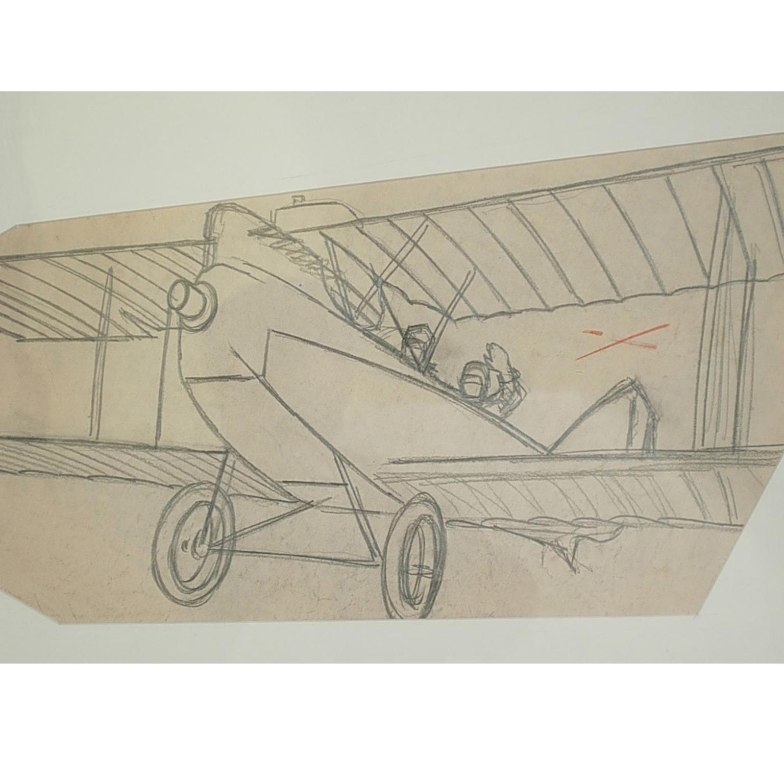 Pencil drawing by Riccardo Cavigioli in the early 1920s depicting a two-seat biplane airplane for reconnaissance Brandenburg C I of 1916, built by Ufag in Budapest. Measure with frame cm 68 x 38 inches 26.8 x 15.
Riccardo Cavigioli was born in Milan