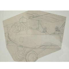 Antique Pencil Aviation Drawing depicting a WWI Two-Seat Biplane Aircraft