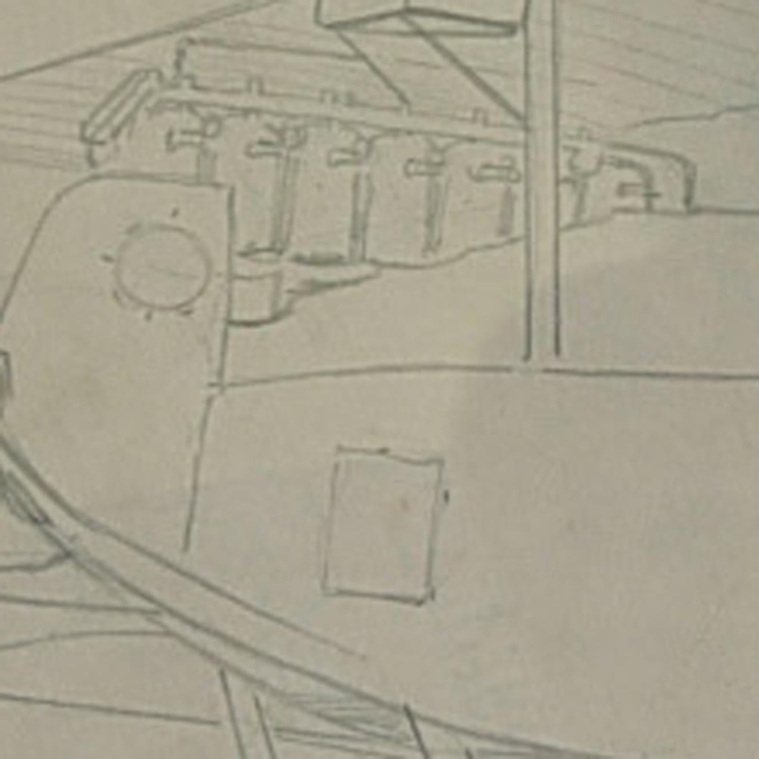 Antike Bleistift- Aviation-Zeichnung, die ein zweisitziges Zweisitziges Flugzeug aus dem WWI zeigt (Italienisch) im Angebot