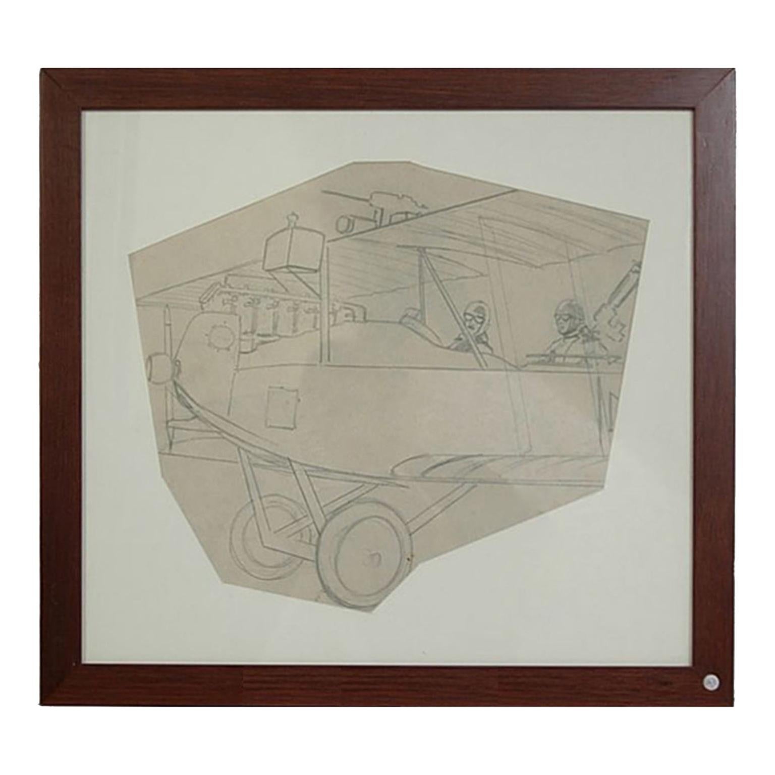 Antique Pencil Aviation Drawing depicting a WWI Two-Seat Biplane Aircraft