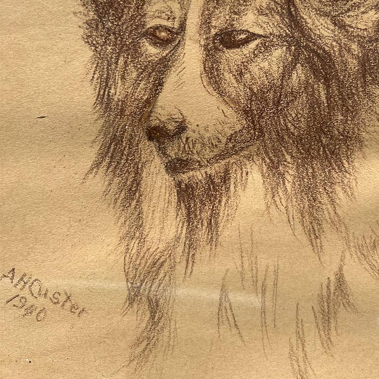 Dessin au crayon d'un chien de collier sur papier et encadré dans un cadre en bois signé - 1940 Bon état - En vente à Oklahoma City, OK