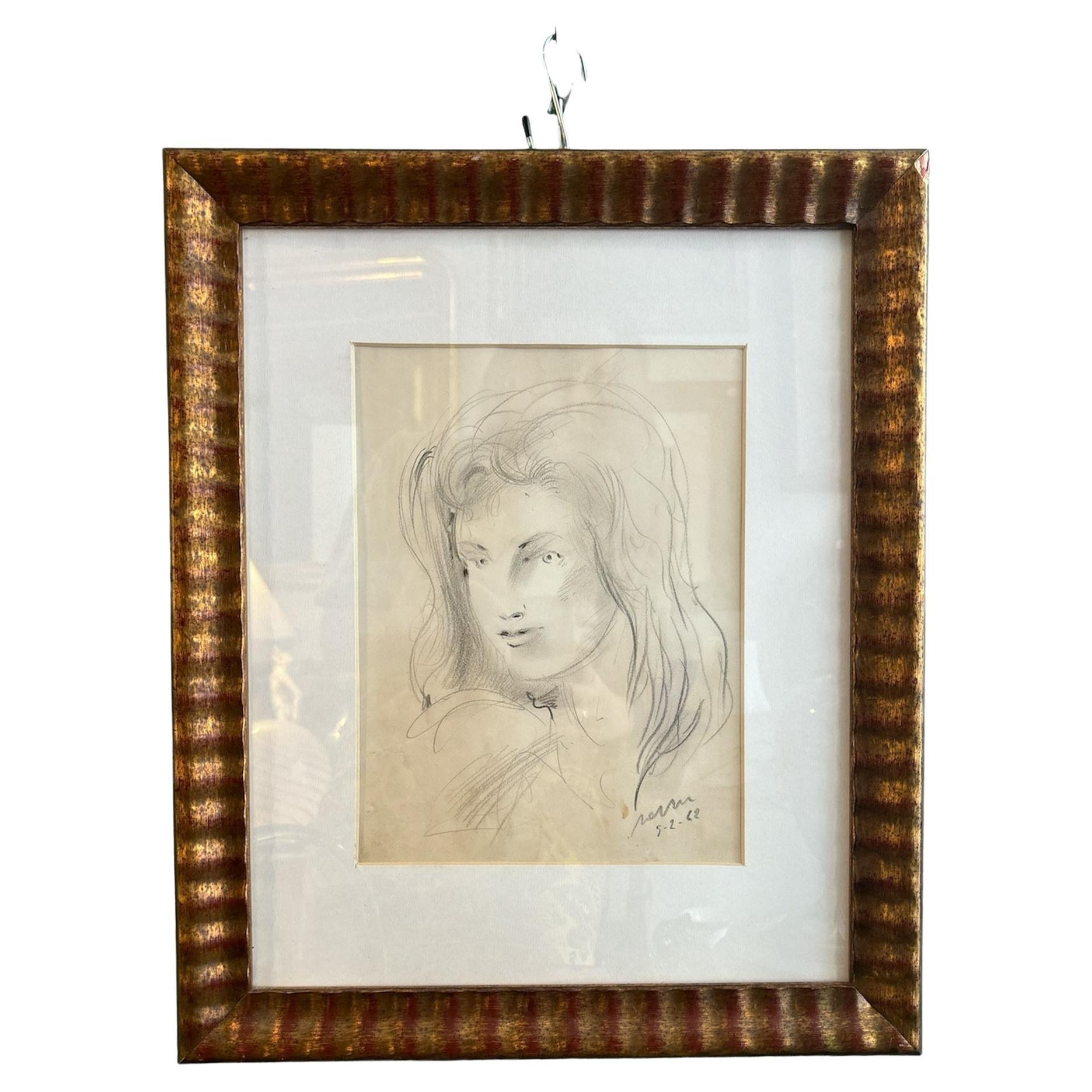 Pencil Drawing of a Female Portrait of Aligi Sassu from the 1970s