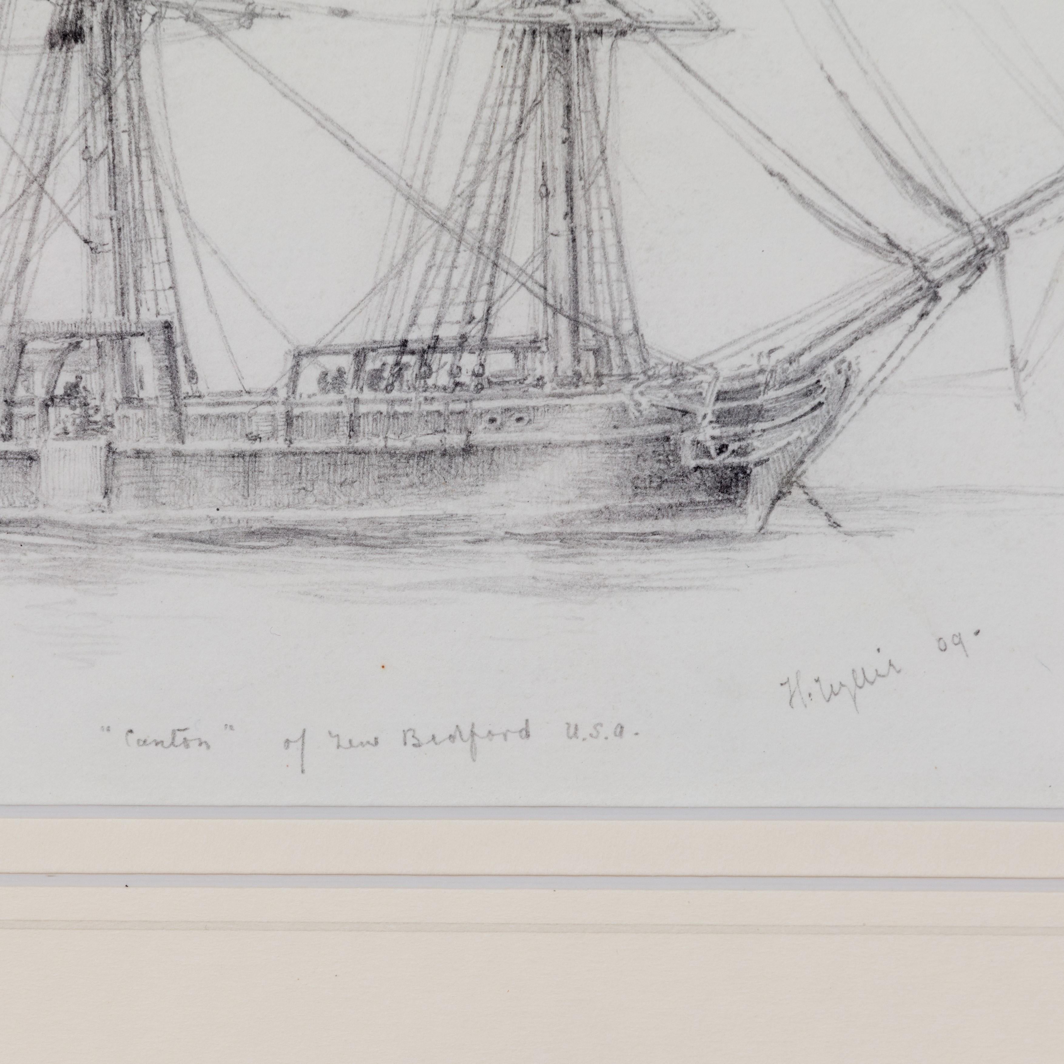 Anglais Un dessin inhabituel au crayon de Canton, un navire de baleinier à trois mâts à cet instant-là en vente