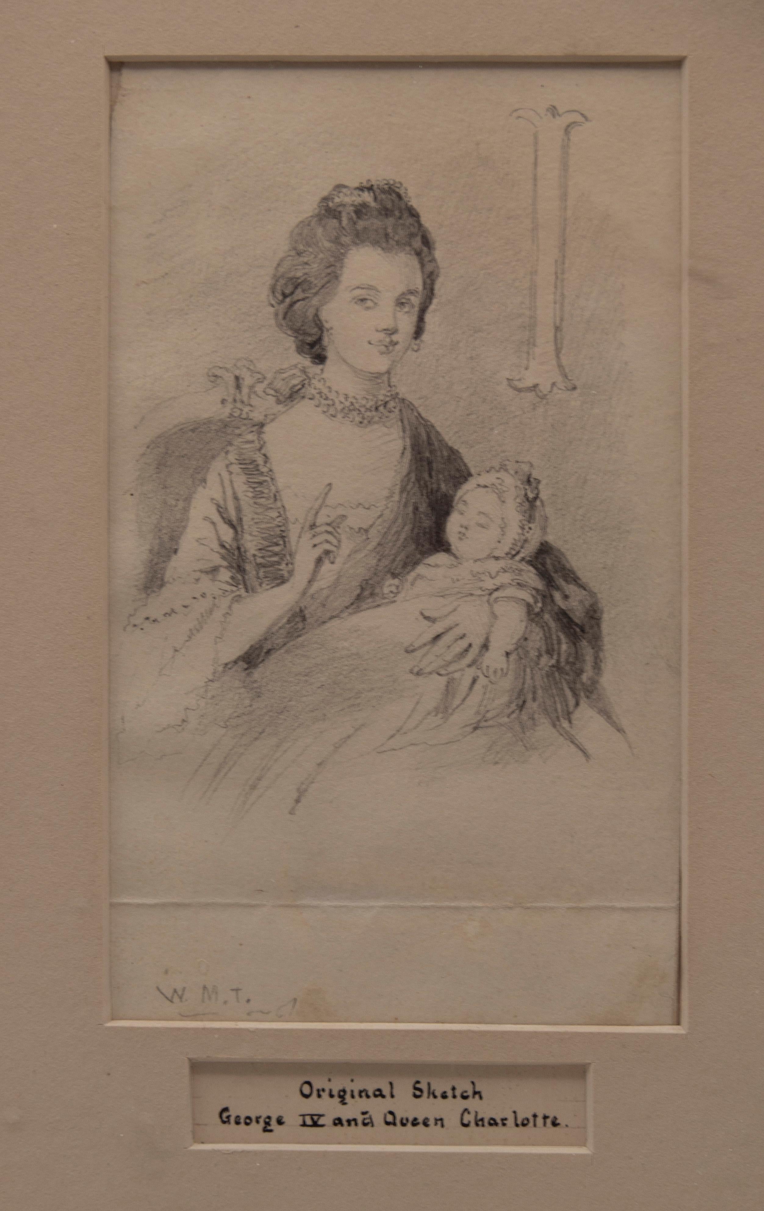 Framed pencil drawing of Queen Charlotte And George IV. From illustrations for the book ' History of The Life and Reign of George IV 