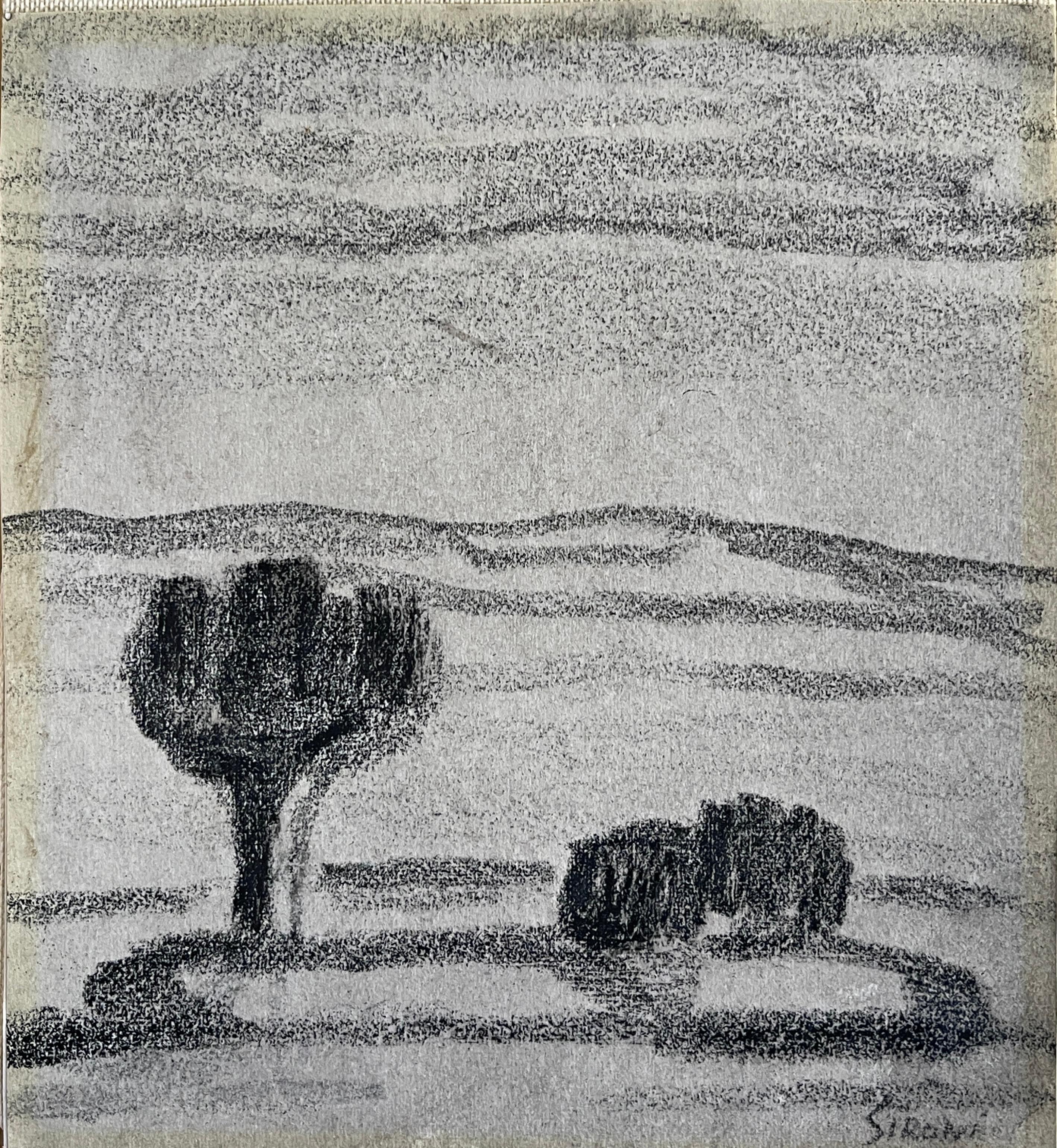 Drawing on cardboard, landscape with tree, Sironi
Drawing made on paper, depicting a landscape with a tree in the foreground, signed lower right.
Made in pencil and tempera.
The drawing is mounted on a canvas base and preserved inside a frame under
