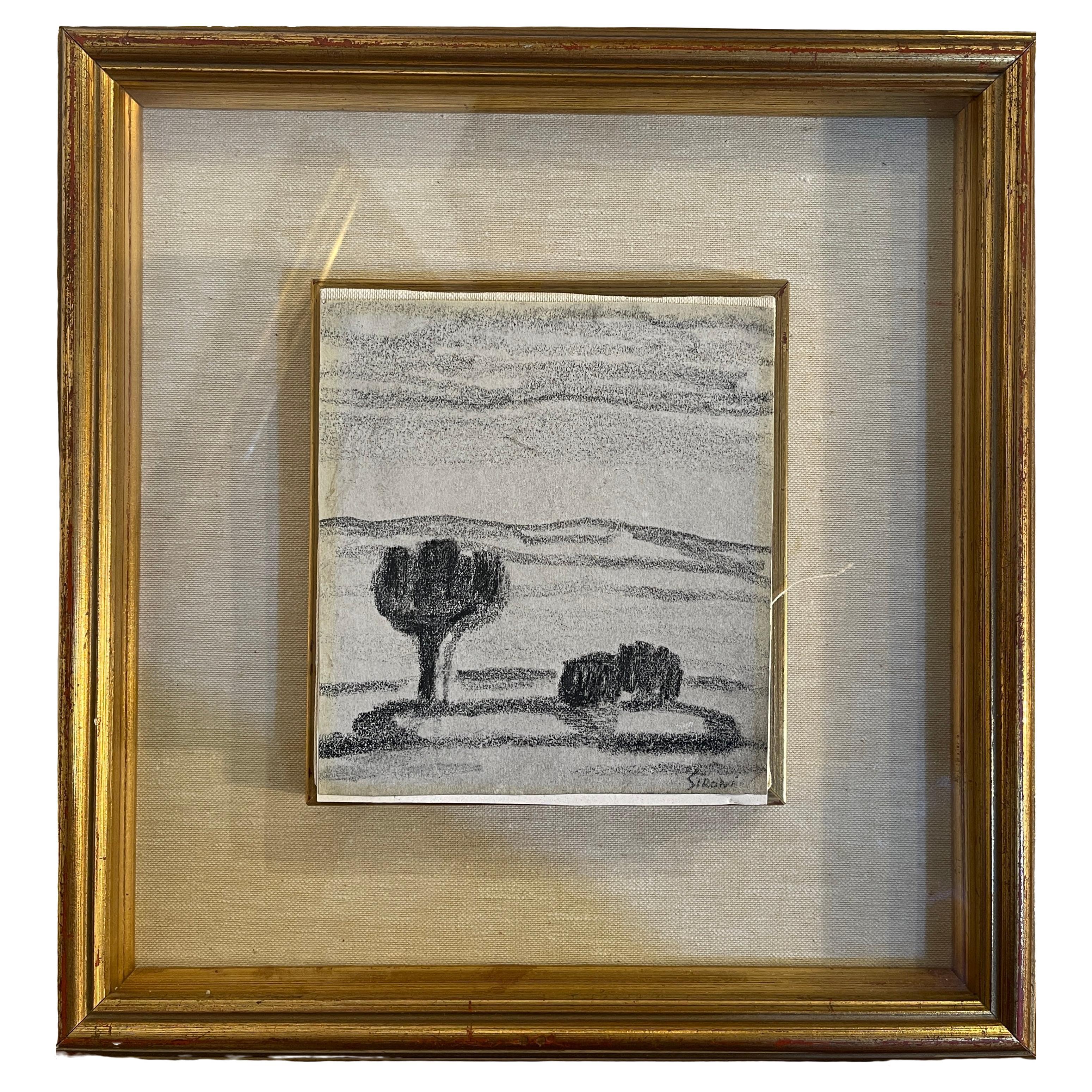 Pencil drawing on cardboard, landscape with trees, Sironi For Sale