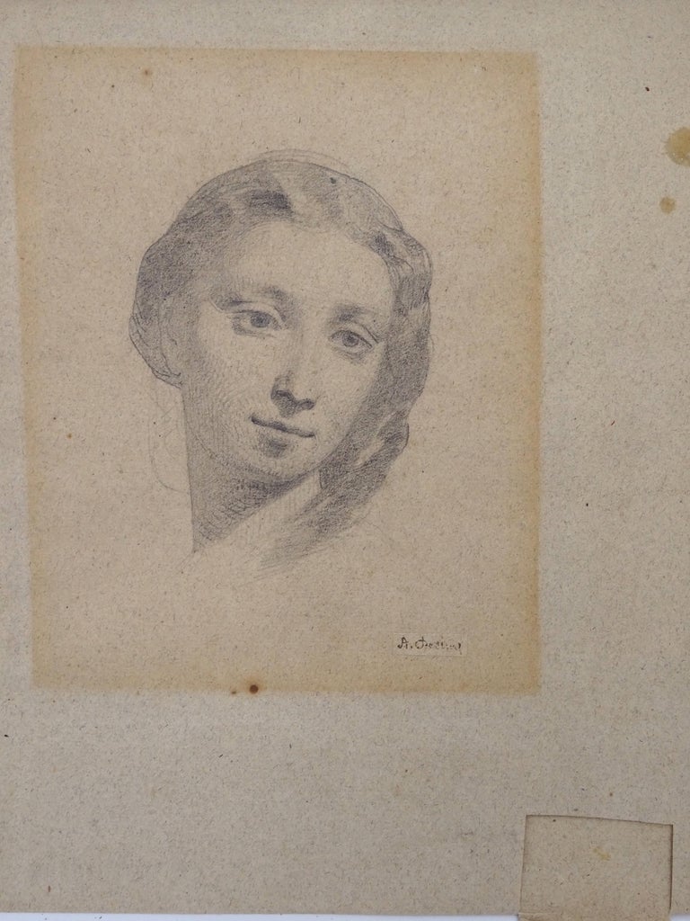 Pencil Drawing on Paper "Female Portrait" by Alberto Pasini, circa 1870