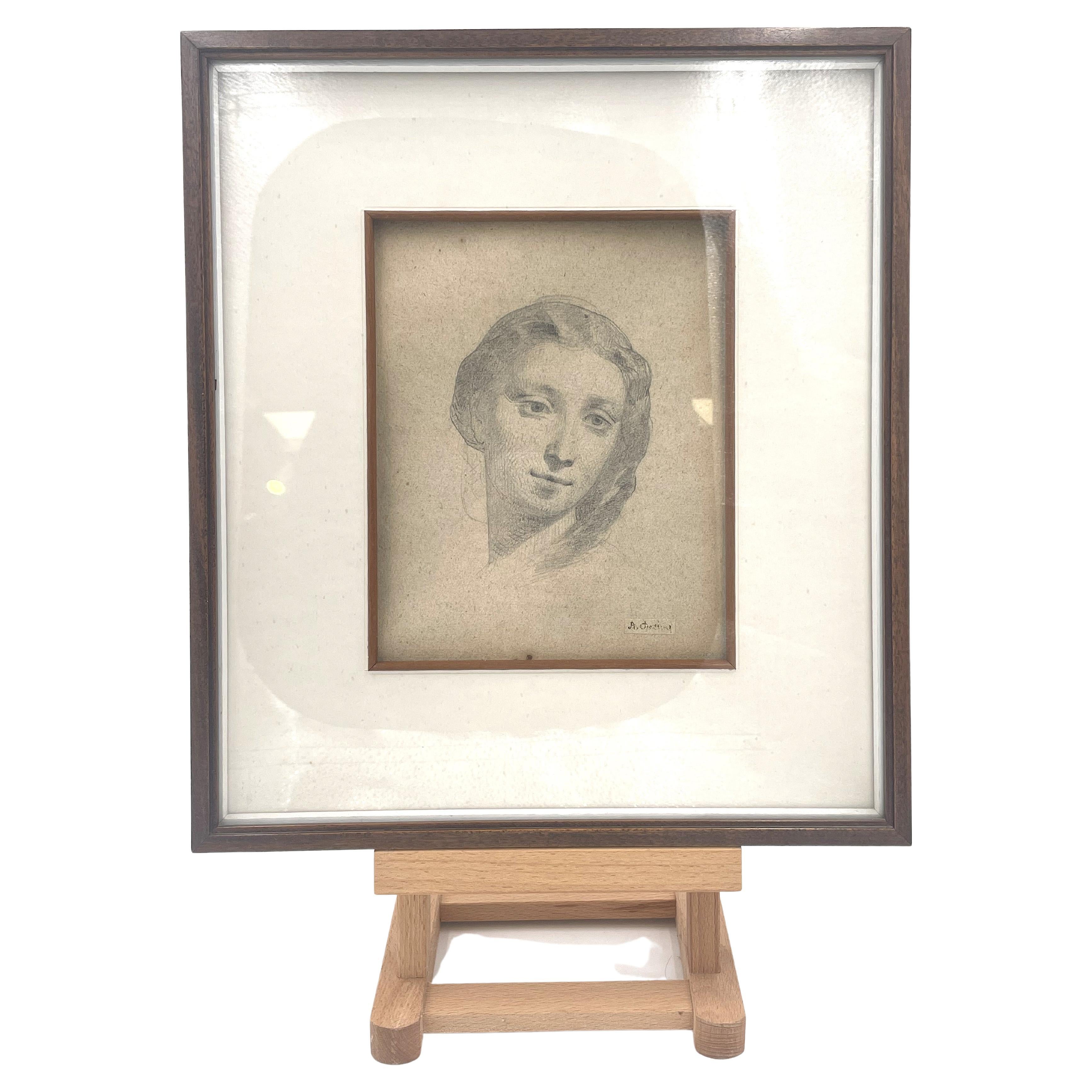 Pencil Drawing on Paper "Female Portrait" by Alberto Pasini, circa 1870 For Sale