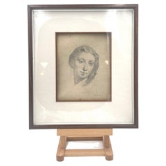 Antique Pencil Drawing on Paper "Female Portrait" by Alberto Pasini, circa 1870