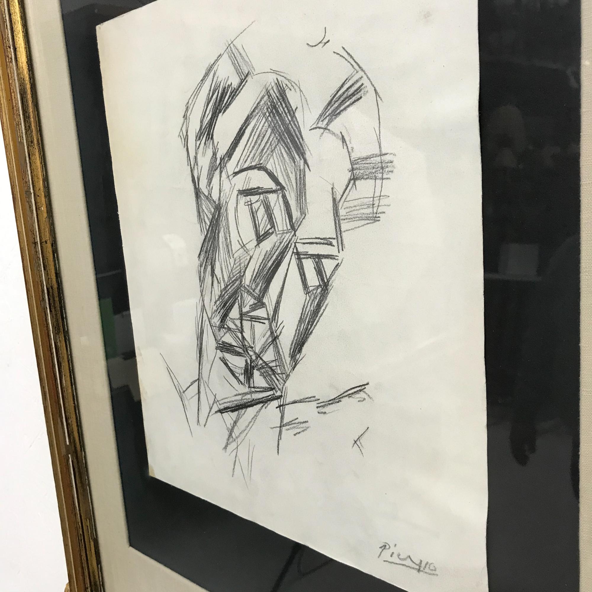 1970s Pencil on Paper Brutalist Cubism Framed Wall Art Tette De Femme In Good Condition In Chula Vista, CA