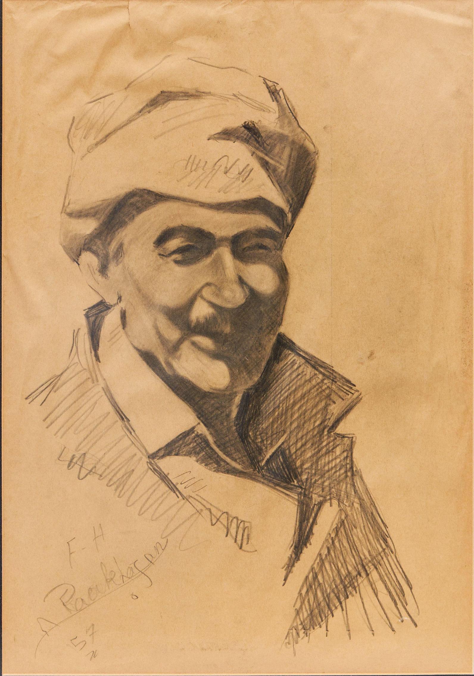 The artwork is set in a rich brown paper, providing a warm and earthy tone to the overall composition. Executed with a precise black pencil, the portrait captures the essence of an Iraqi Kurdish man, who is the central subject of the piece. This