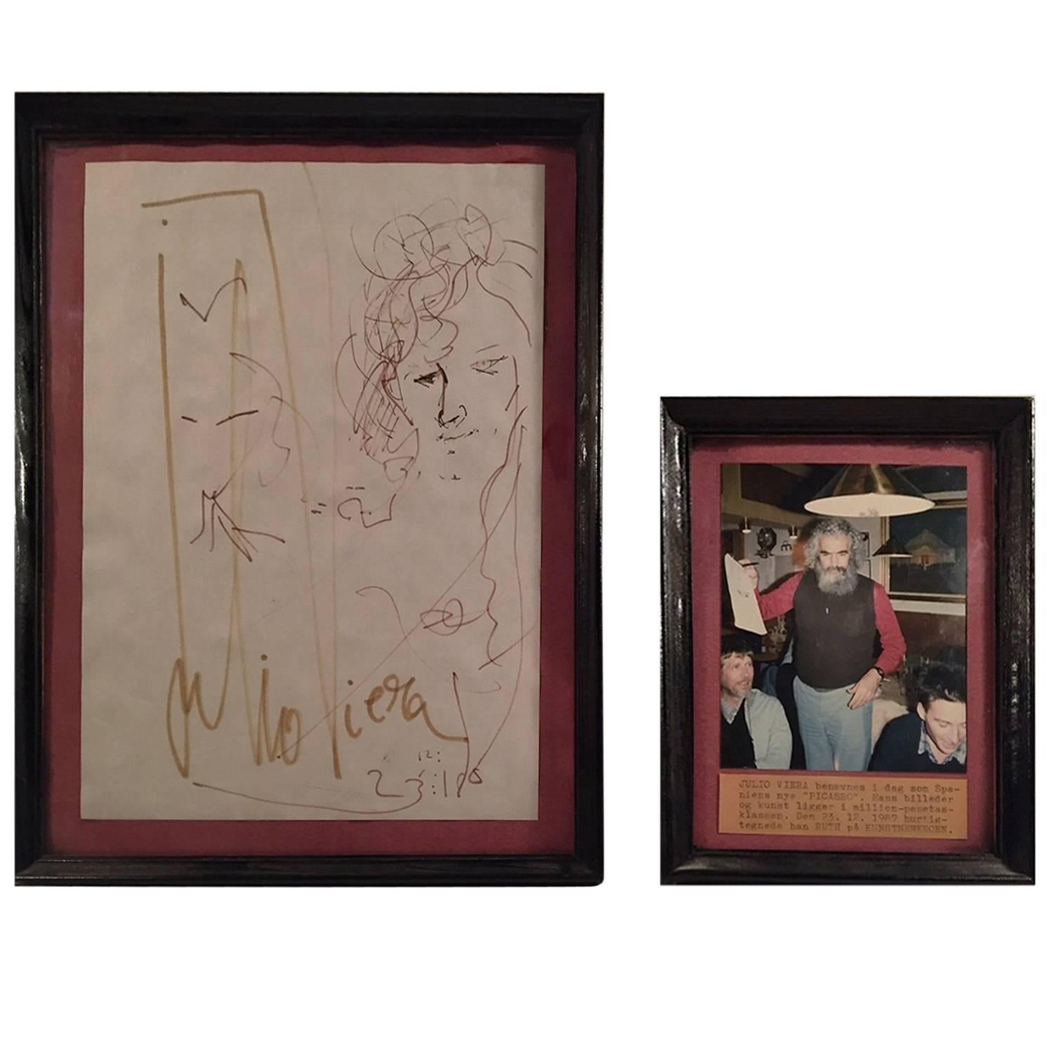Pencil Portrait by Surrealist Julio Viera Executed in 1987 For Sale