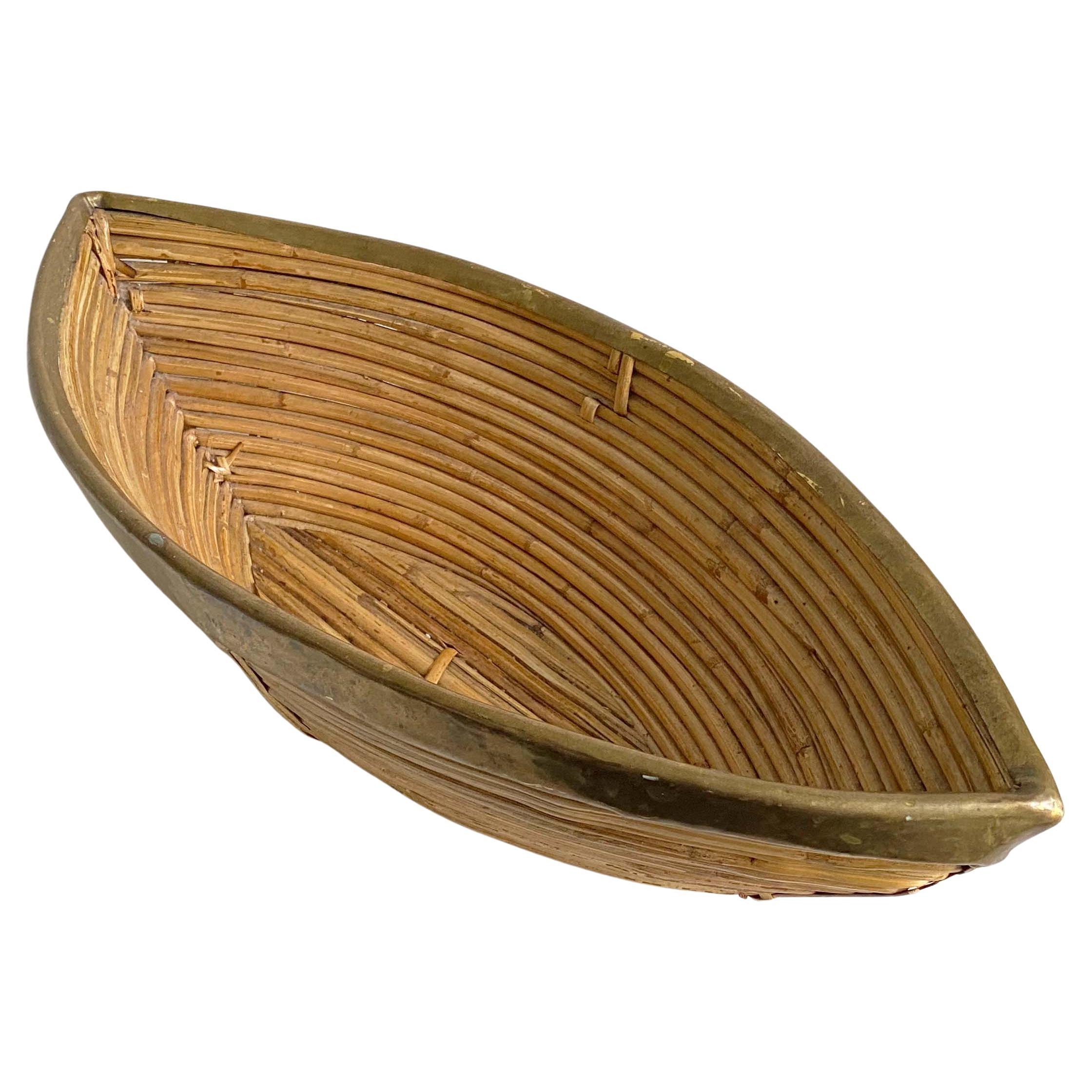 Pencil Rattan 
Brass Boat-Shaped Basket Bowl Italy Italian For Sale