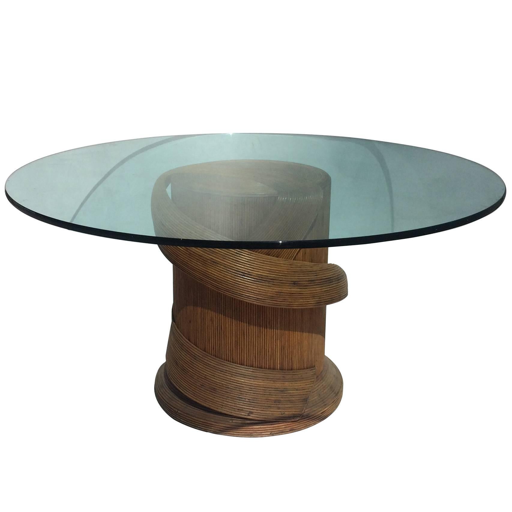 Pencil Rattan Dining Table with Glass Top, Style of Crespi