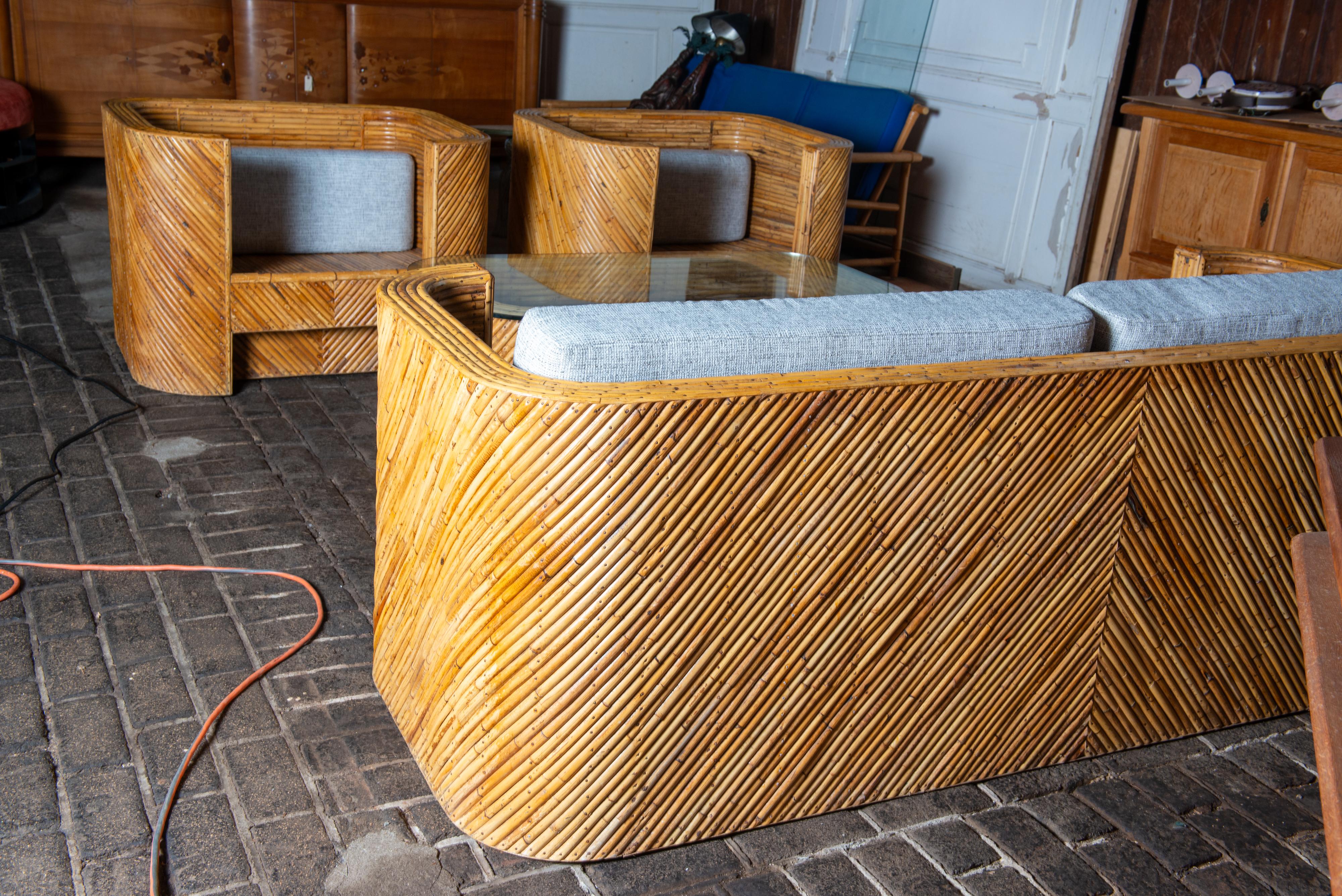 Divano in rattan Pencil, coppia di poltrone, tavolino, stile Crespi in vendita 3