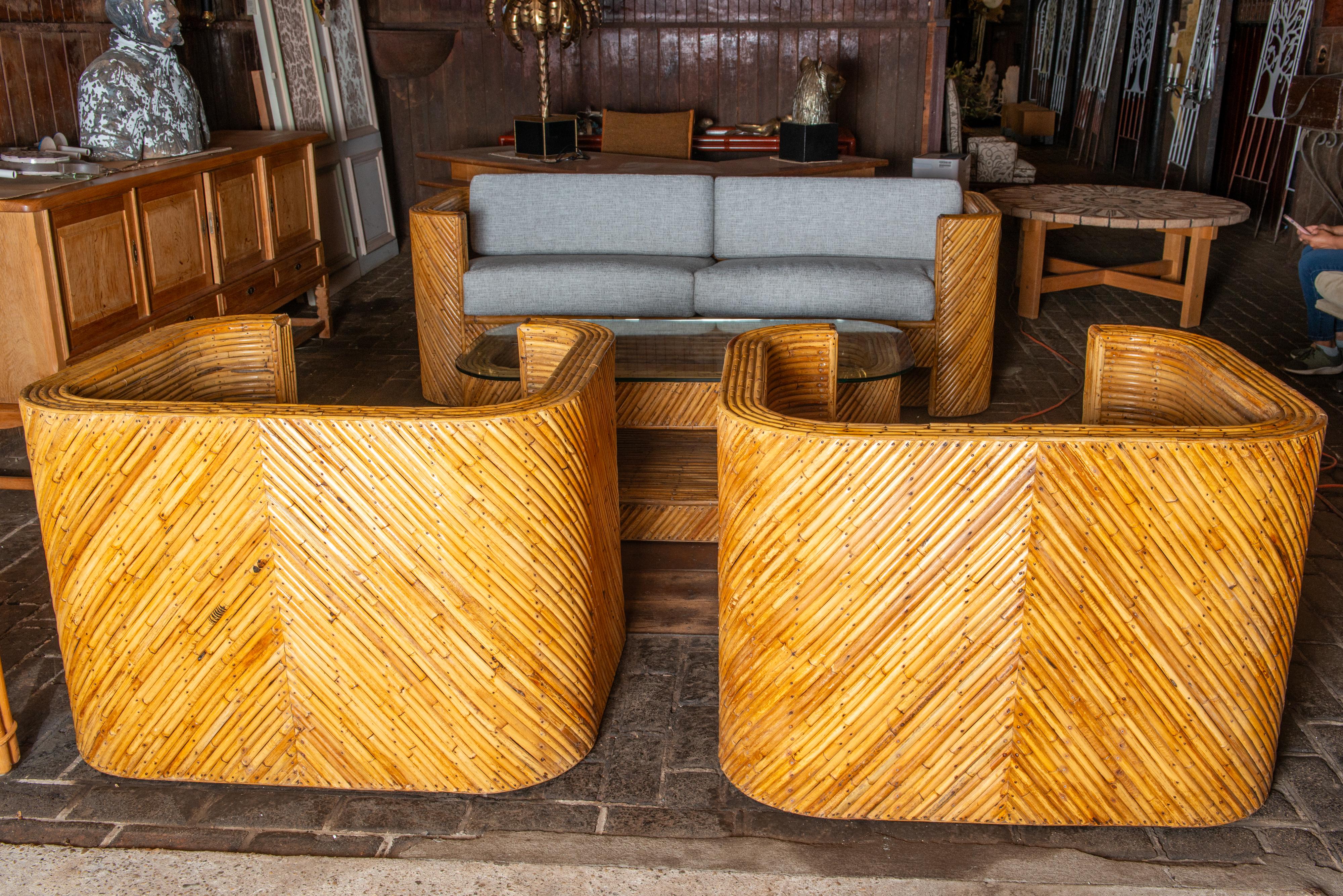 Divano in rattan Pencil, coppia di poltrone, tavolino, stile Crespi in vendita 6
