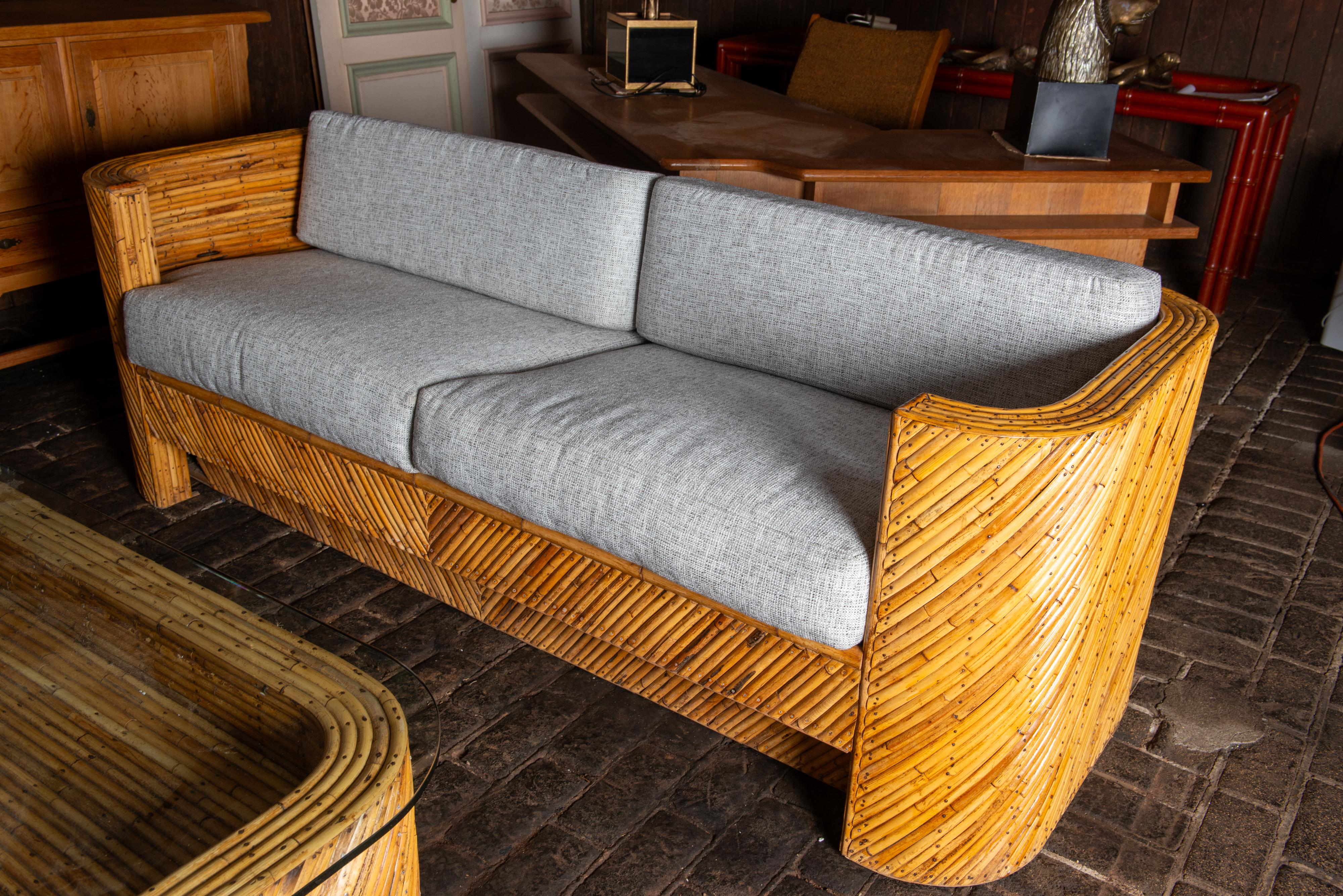 Divano in rattan Pencil, coppia di poltrone, tavolino, stile Crespi in vendita 9