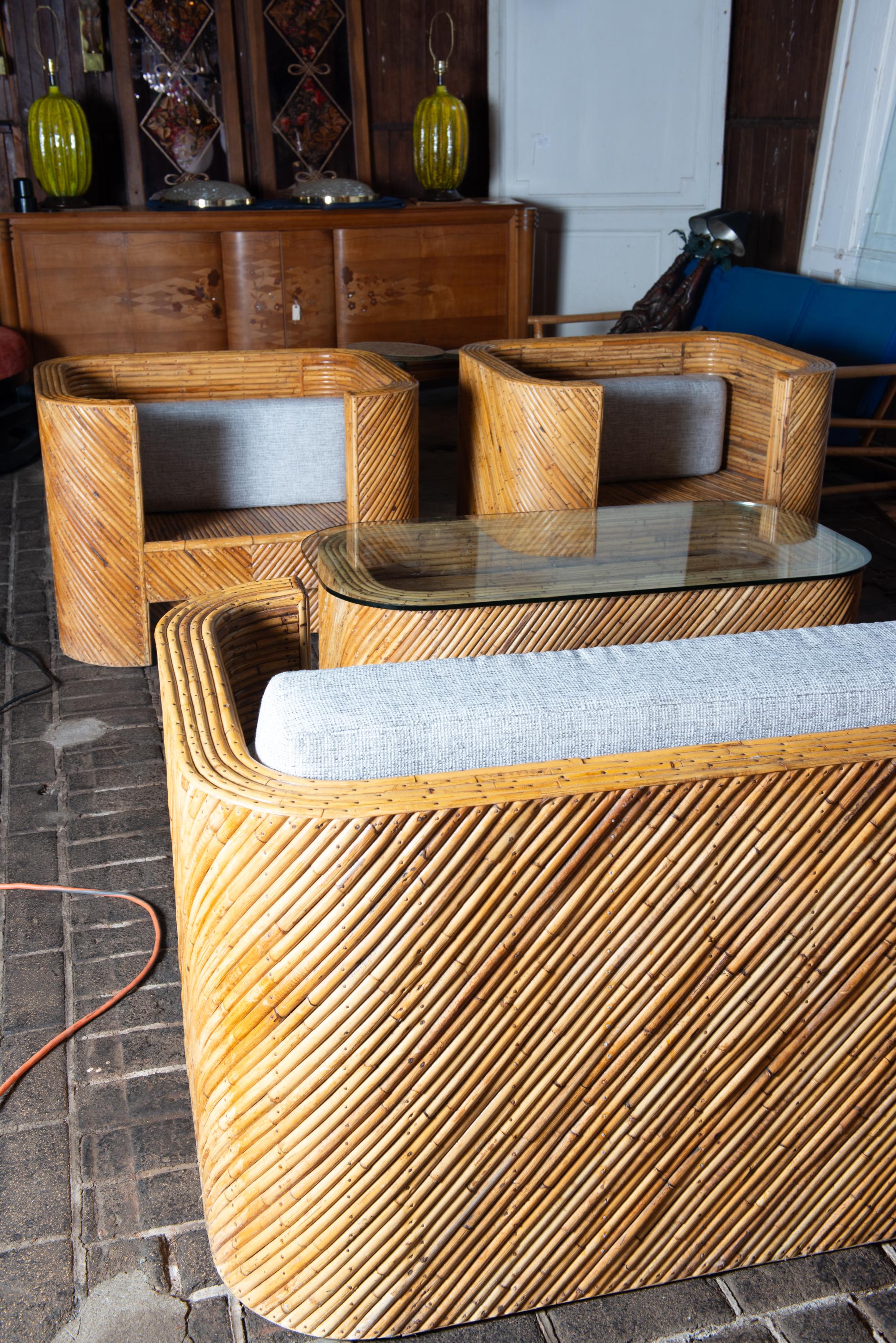 Divano in rattan Pencil, coppia di poltrone, tavolino, stile Crespi in vendita 10