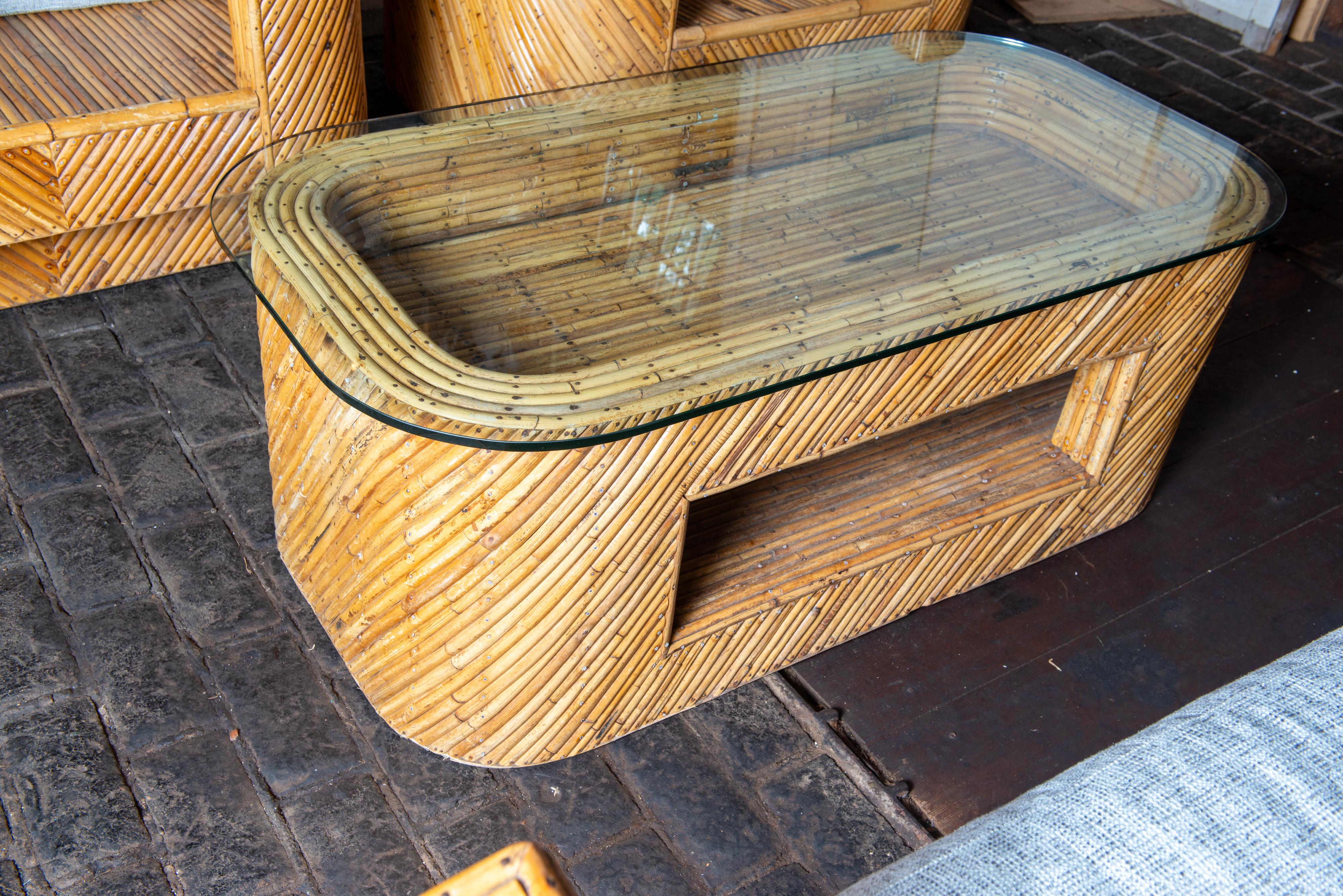 Divano in rattan Pencil, coppia di poltrone, tavolino, stile Crespi in vendita 2