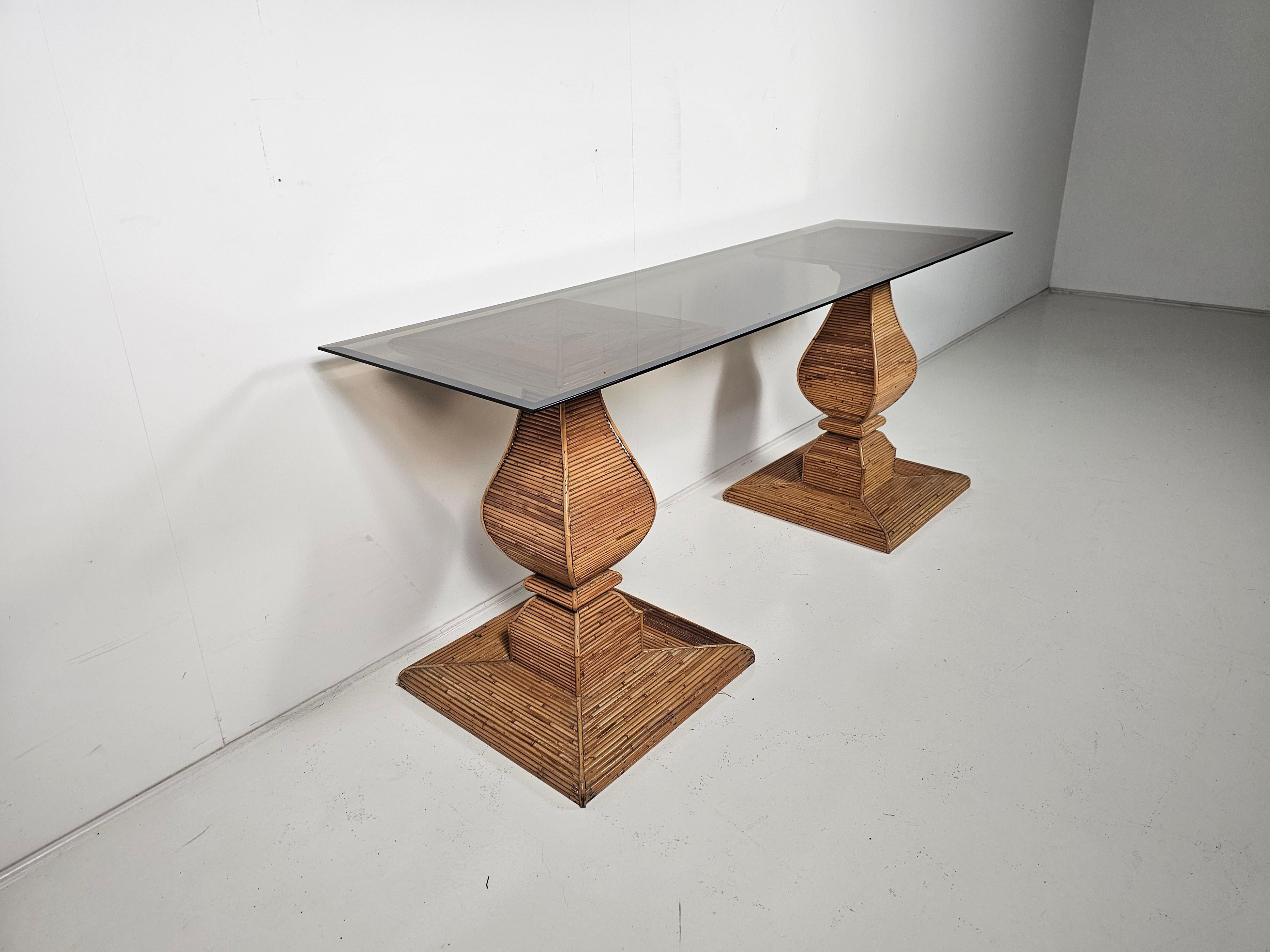 Mid-Century Modern Pencil reed and glass console table attr. to Vivai del Sud, Italy, 1970s For Sale
