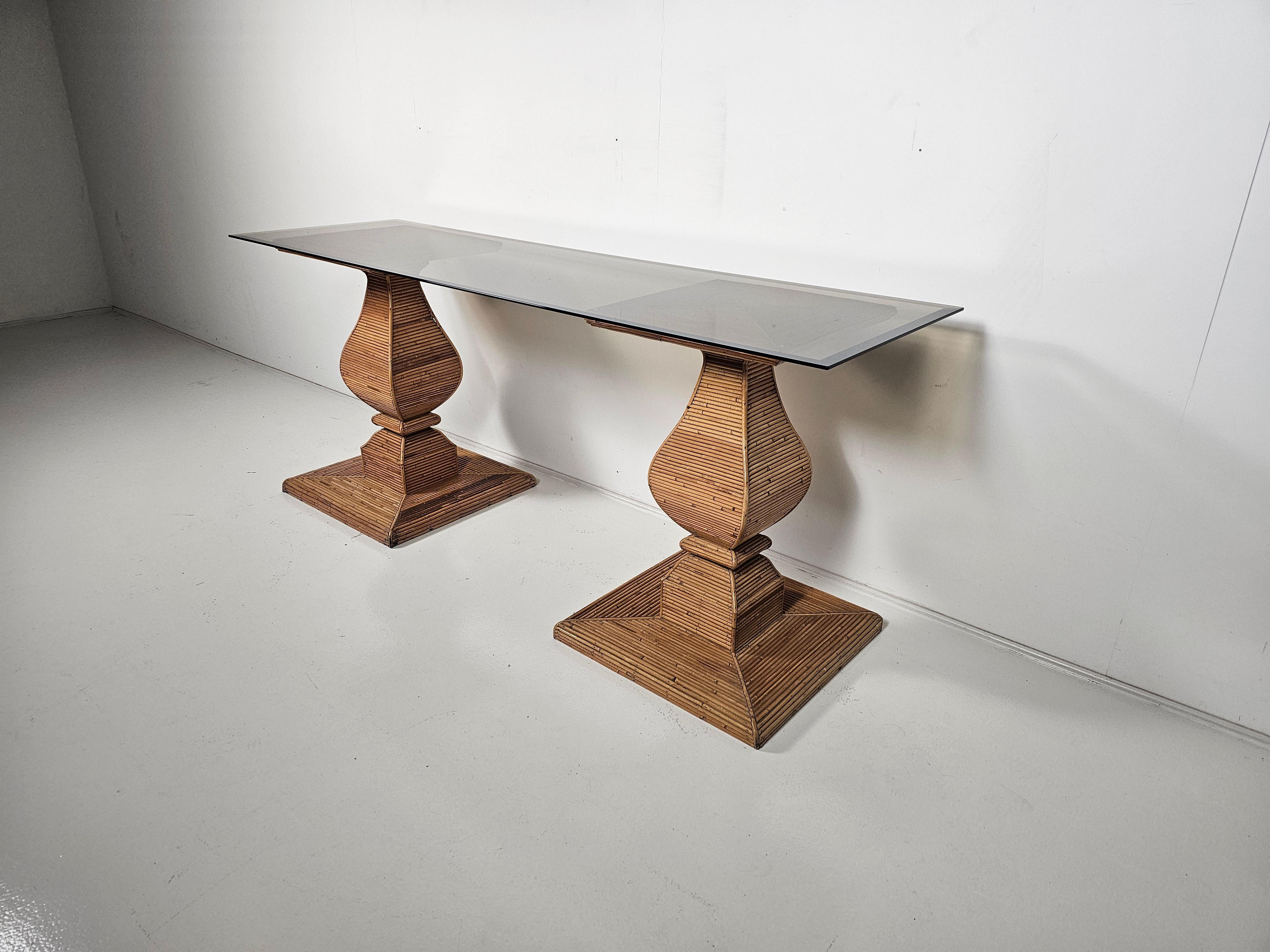 Italian Pencil reed and glass console table attr. to Vivai del Sud, Italy, 1970s For Sale