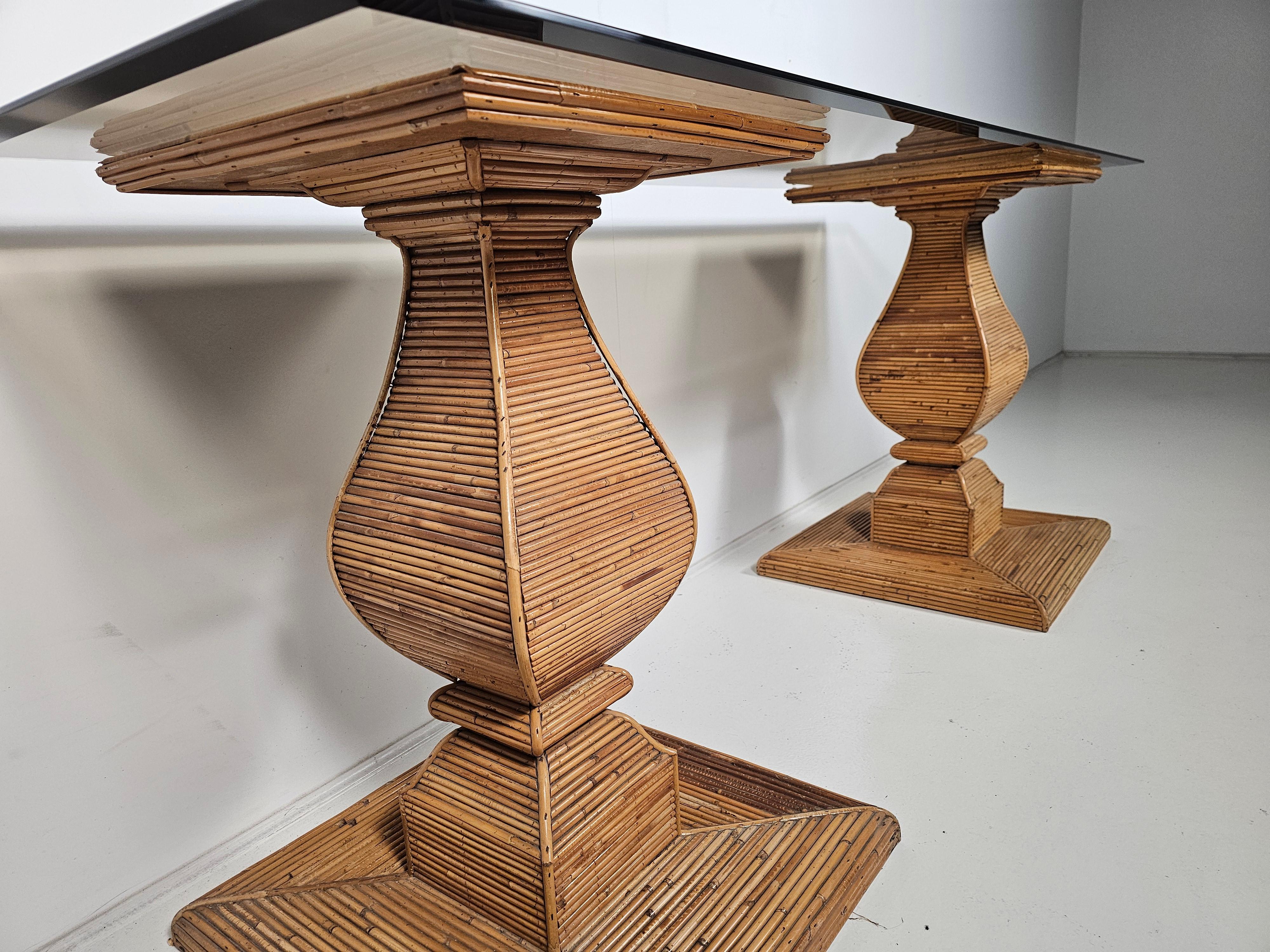 Late 20th Century Pencil reed and glass console table attr. to Vivai del Sud, Italy, 1970s For Sale