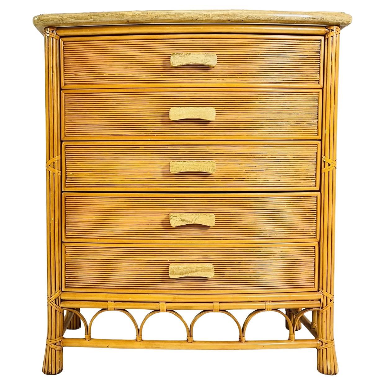 Commode à cinq tiroirs en roseau et rotin, Circa 1980