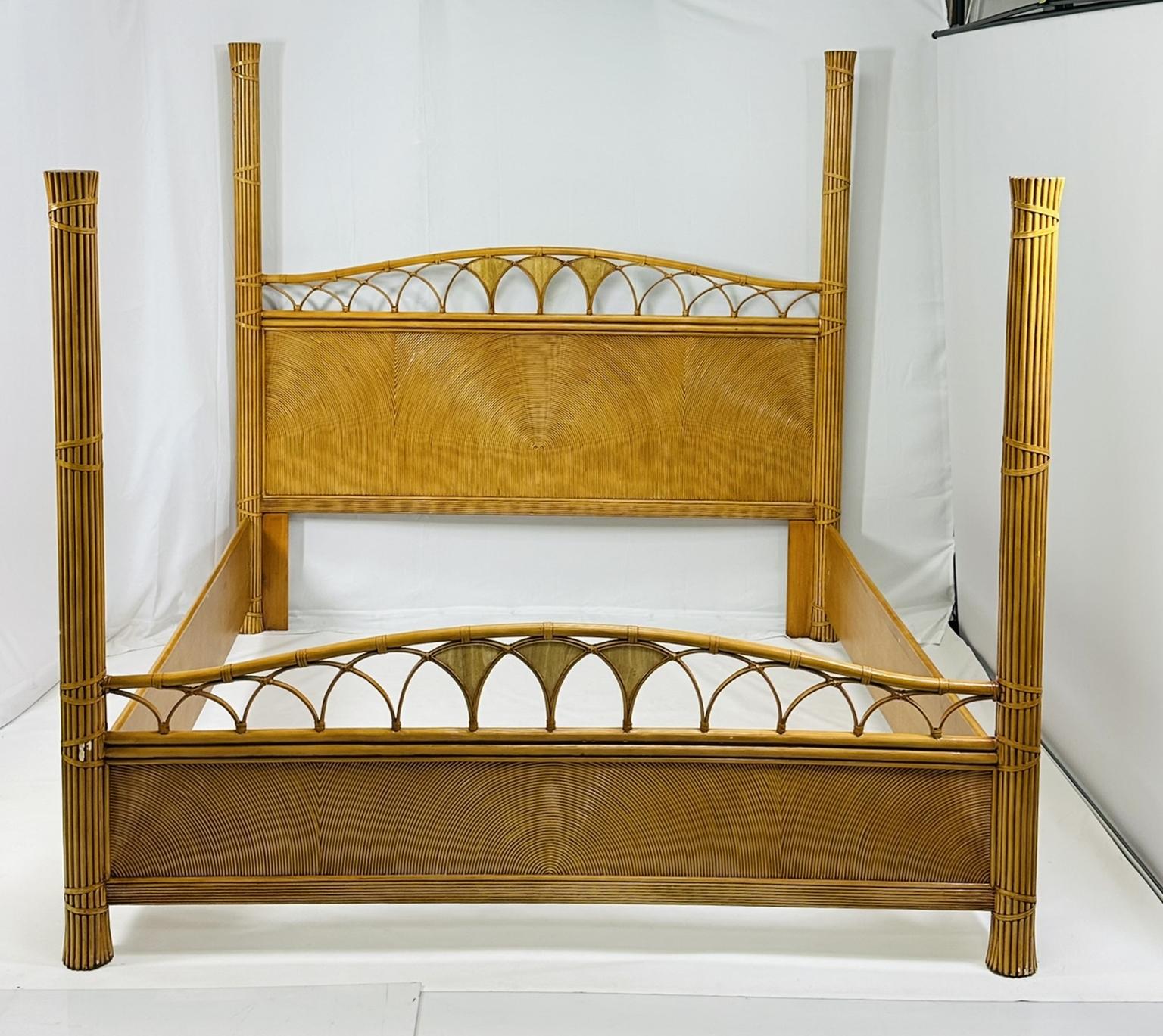 Hand-Carved Pencil Reed and Rattan King Size bed in the Style of Gabriella Crespi