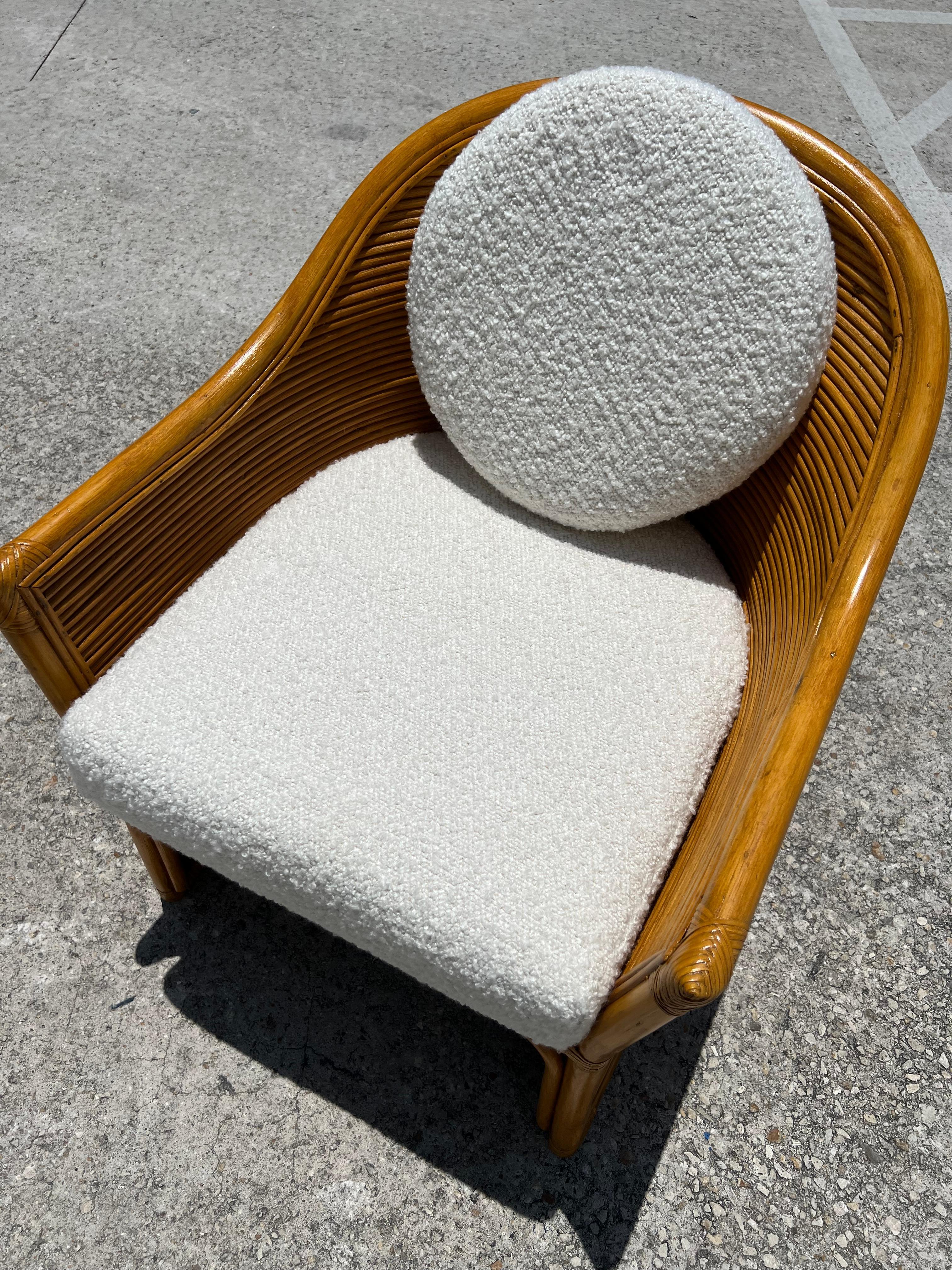 Organic Modern Pencil Reed and Rattan Wrapped Club Chairs with Boucle Cushions