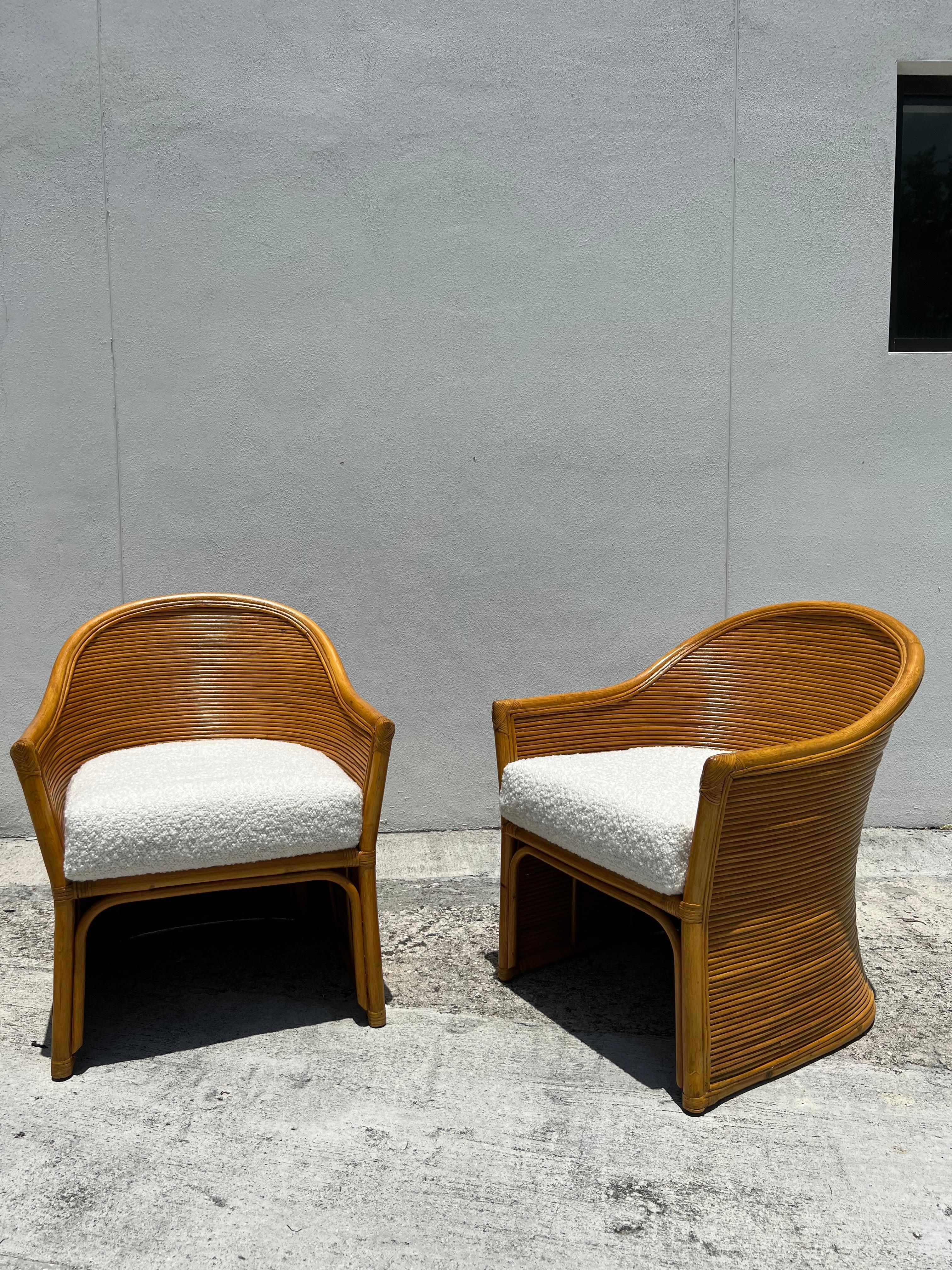 Unknown Pencil Reed and Rattan Wrapped Club Chairs with Boucle Cushions