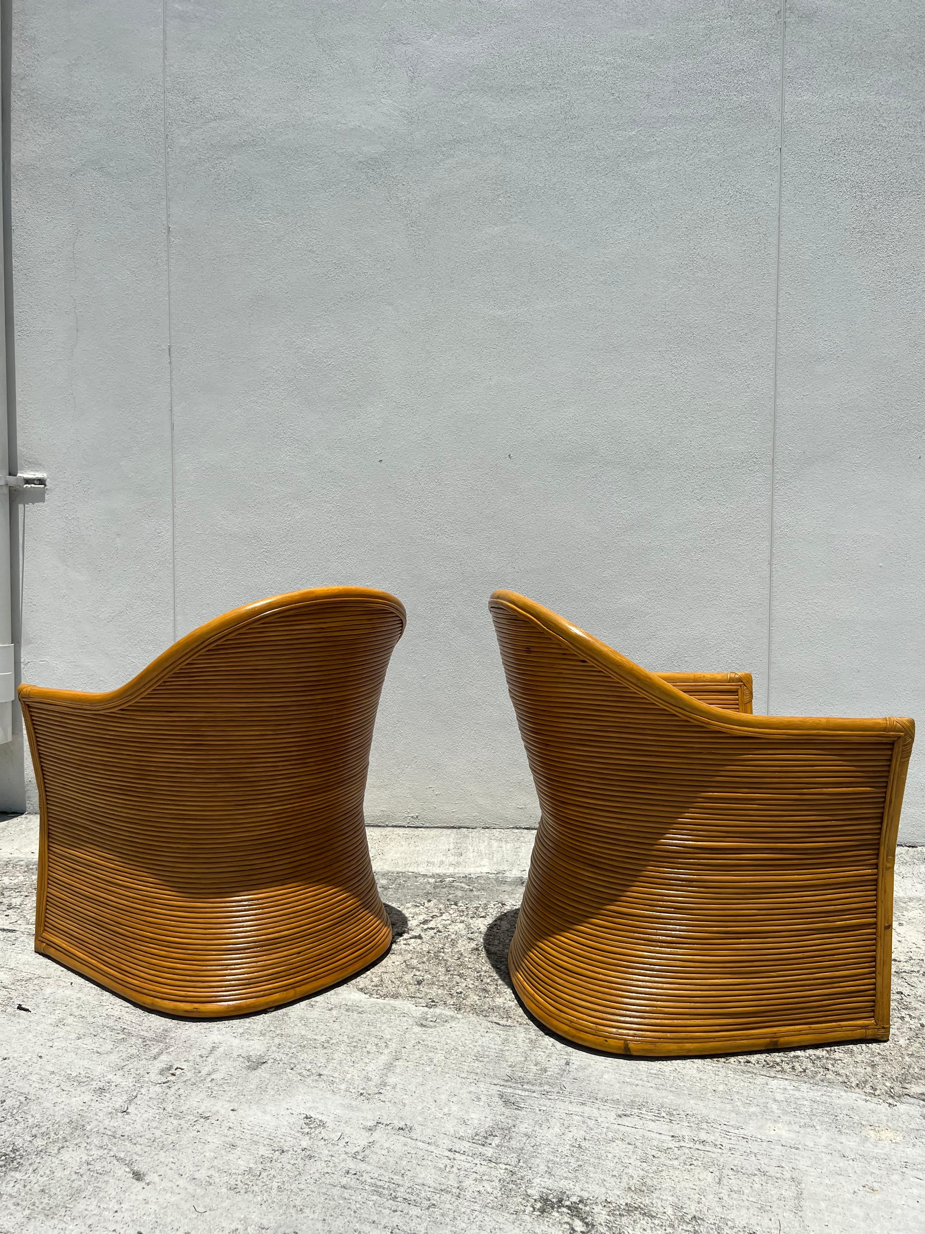 Hand-Crafted Pencil Reed and Rattan Wrapped Club Chairs with Boucle Cushions