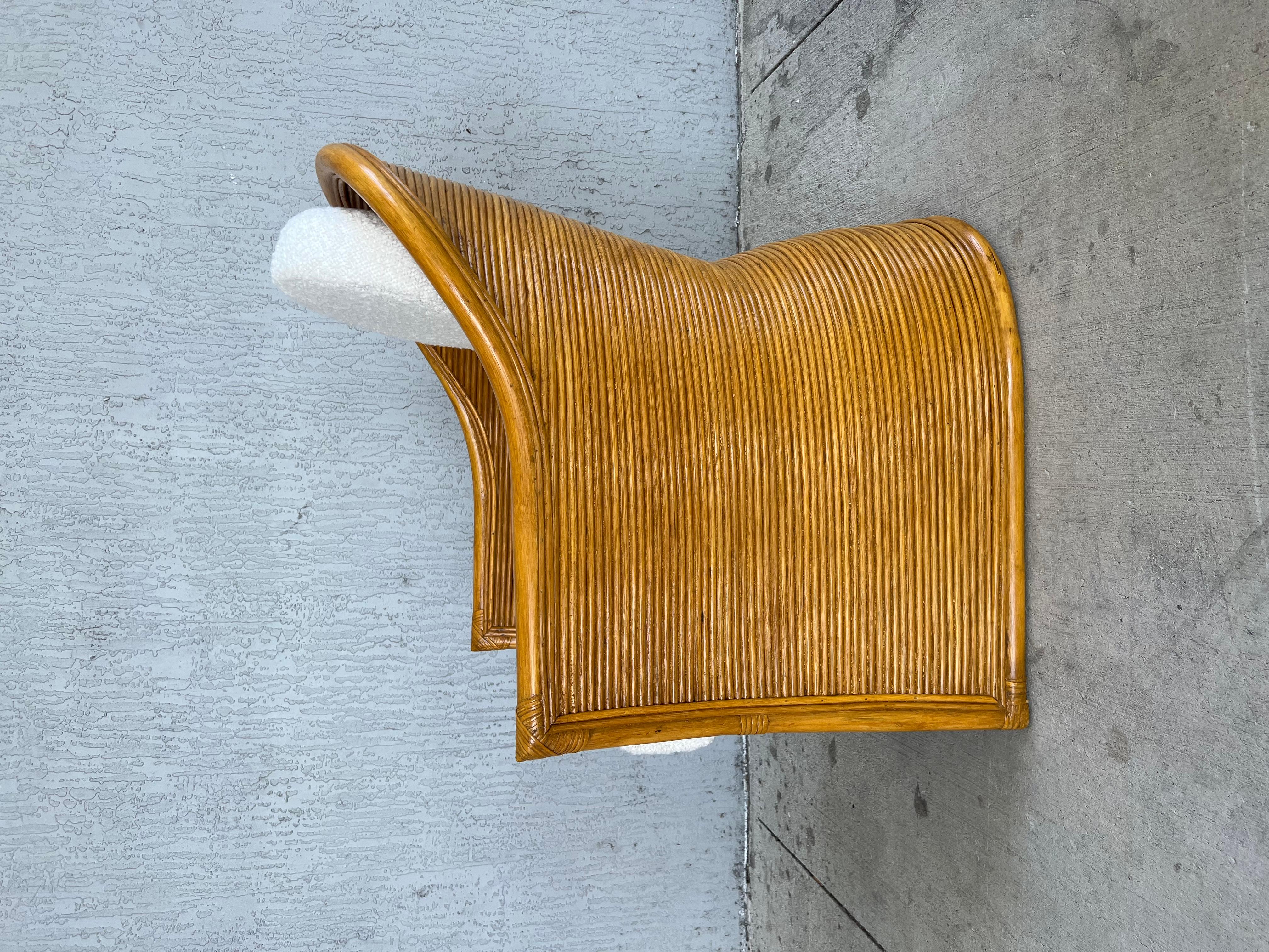Pencil Reed and Rattan Wrapped Club Chairs with Boucle Cushions In Excellent Condition In Miami, FL