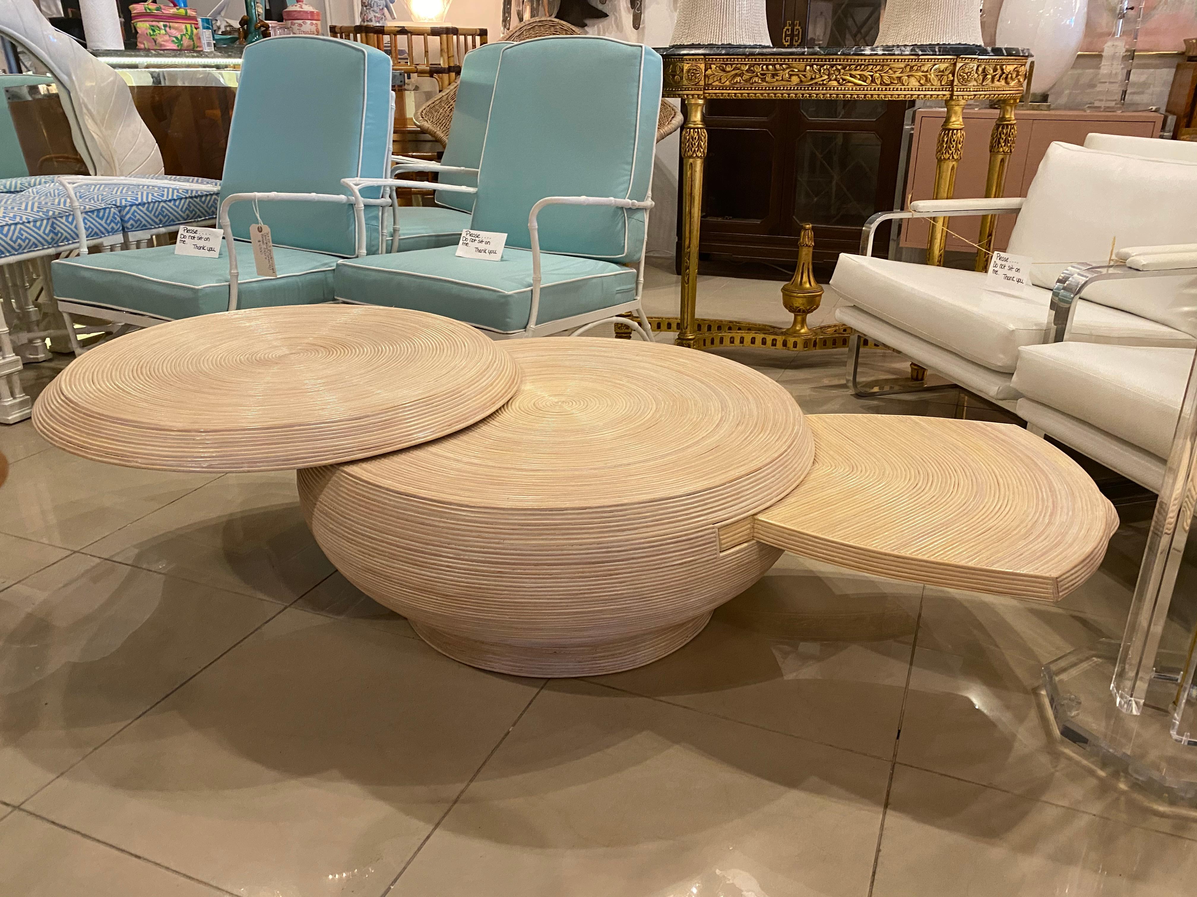 20th Century Pencil Reed Bamboo Vintage Coffee Cocktail Table Round Swivel Top