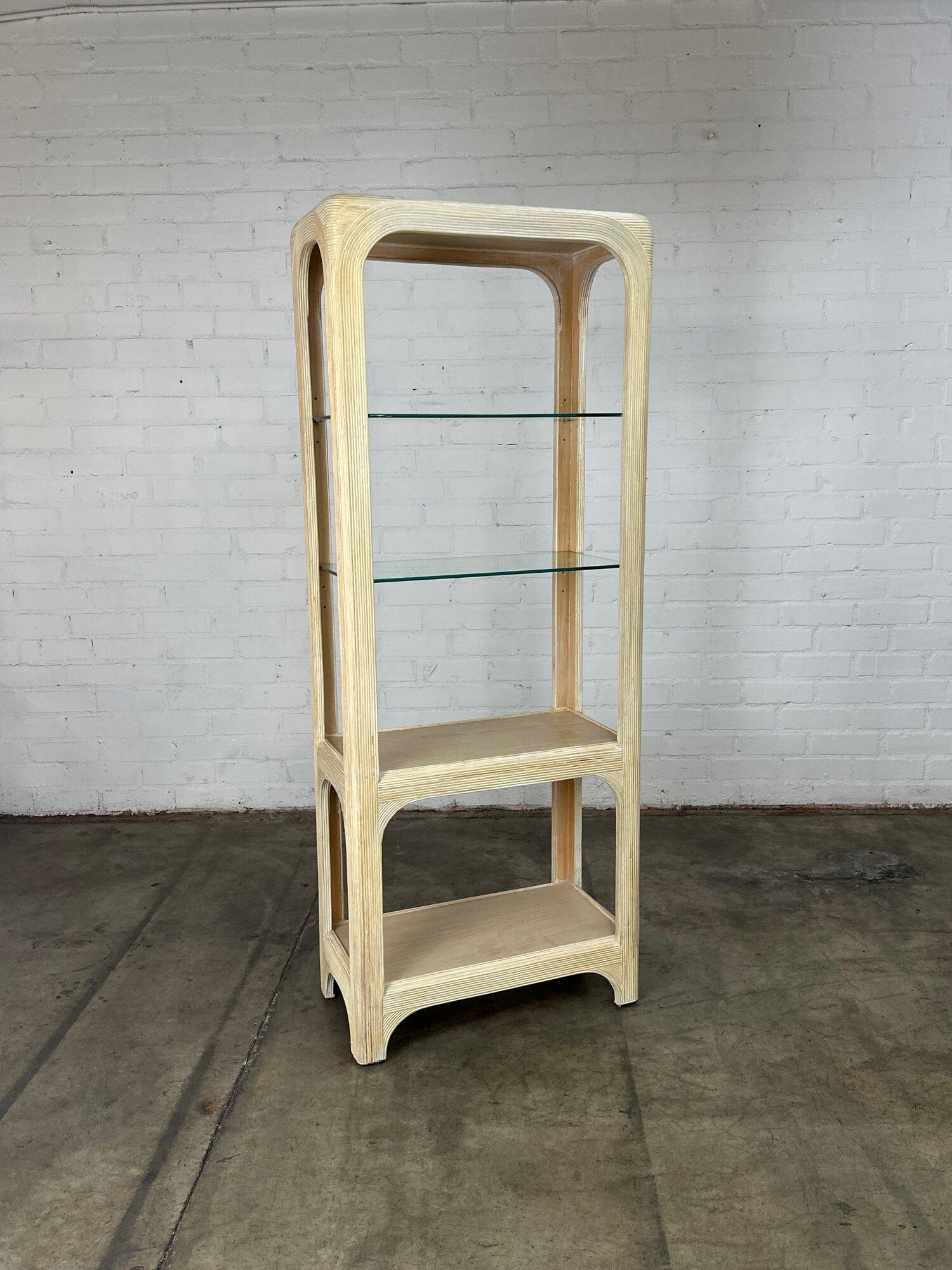 W30 D16 H76.5 Bottom Clearance17.5 shelves adjustable

Vintage reeded bookcases with thick glass shelving. Each unit is structurally sound with no major areas of wear. Wood is well preserved with no breaks or chips in wood or glass. 

