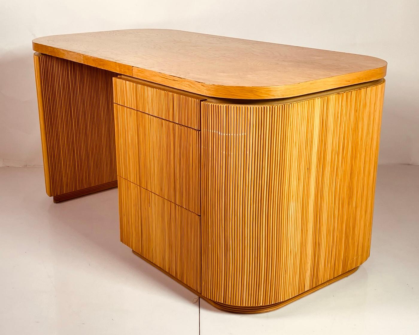 Wood Pencil Reed Executive Desk in the Style of Karl Springer, USA 1970's For Sale
