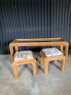 Pencil Reed Glass Shelf Console with Two Coordinating Benches