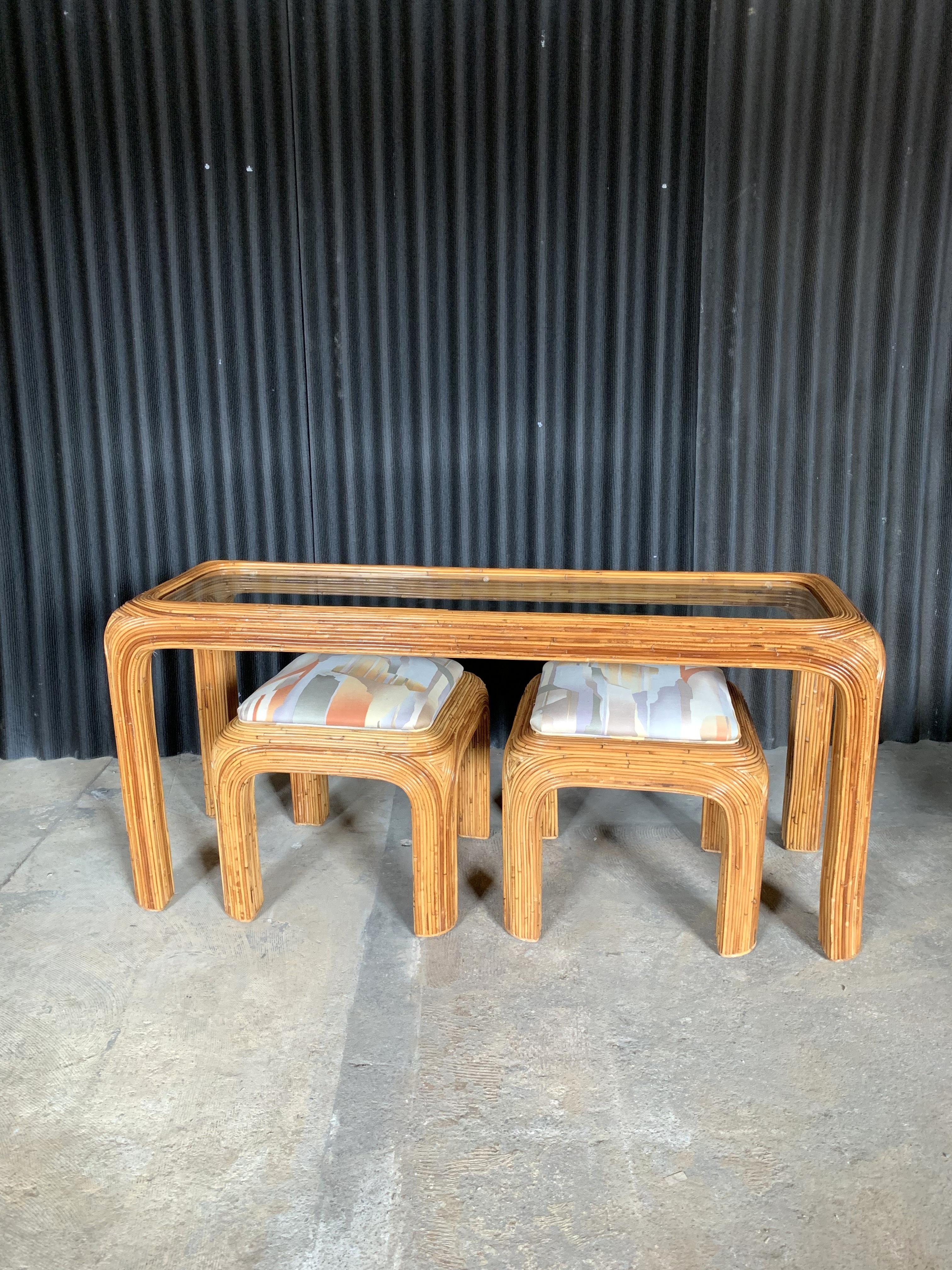 Rattan Pencil Reed Glass Shelf Console with Two Coordinating Benches
