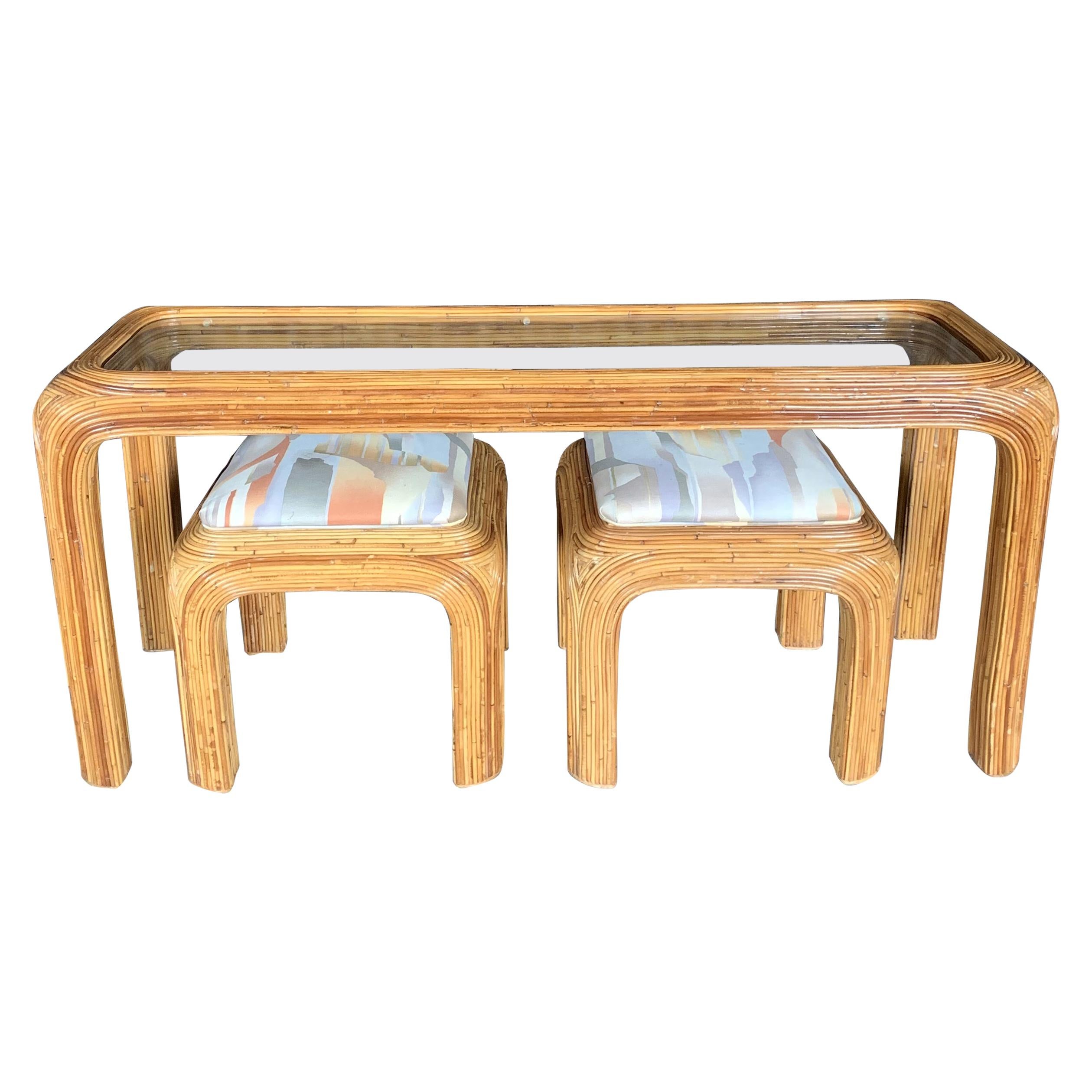 Pencil Reed Glass Shelf Console with Two Coordinating Benches