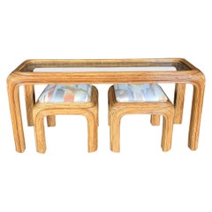 Pencil Reed Glass Shelf Console with Two Coordinating Benches