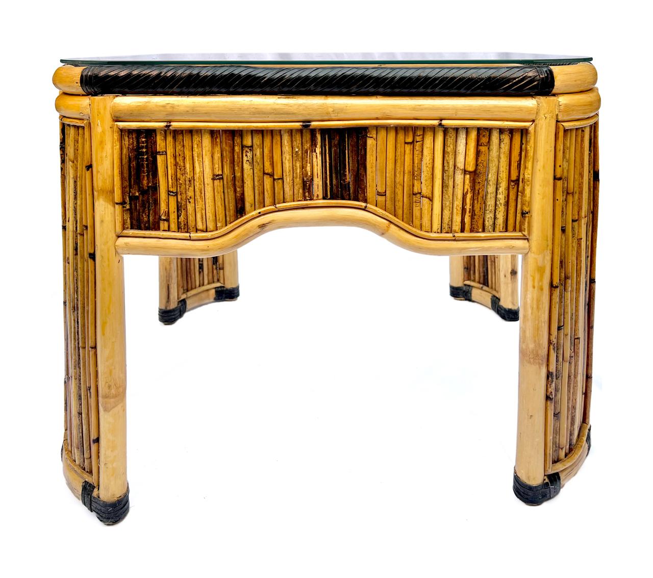 Organic Modern Pencil Reed, Leather & Rattan Side Table with Glass Top For Sale
