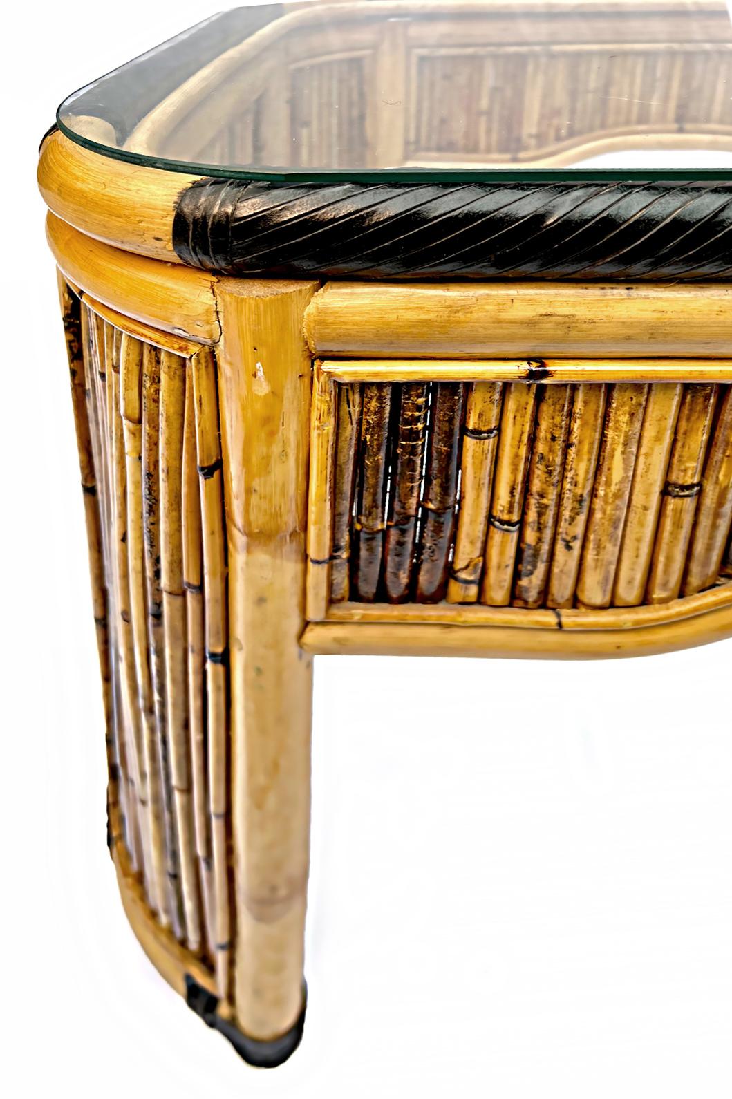 Pencil Reed, Leather & Rattan Side Table with Glass Top For Sale 1