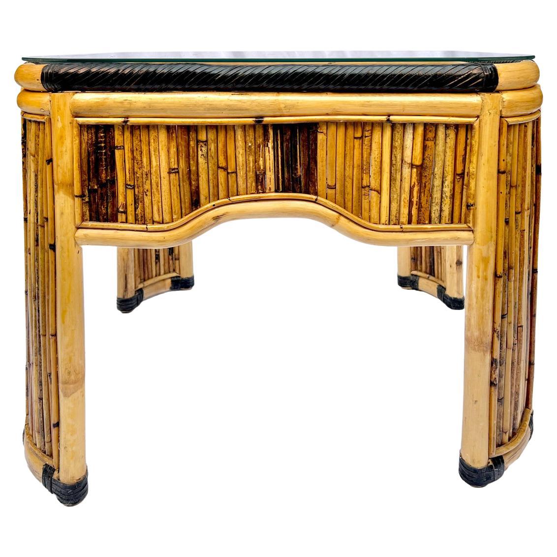 Pencil Reed, Leather & Rattan Side Table with Glass Top For Sale