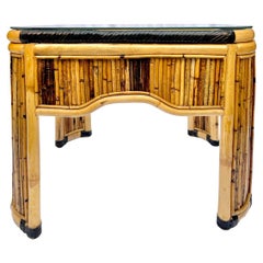 Pencil Reed, Leather & Rattan Side Table with Glass Top