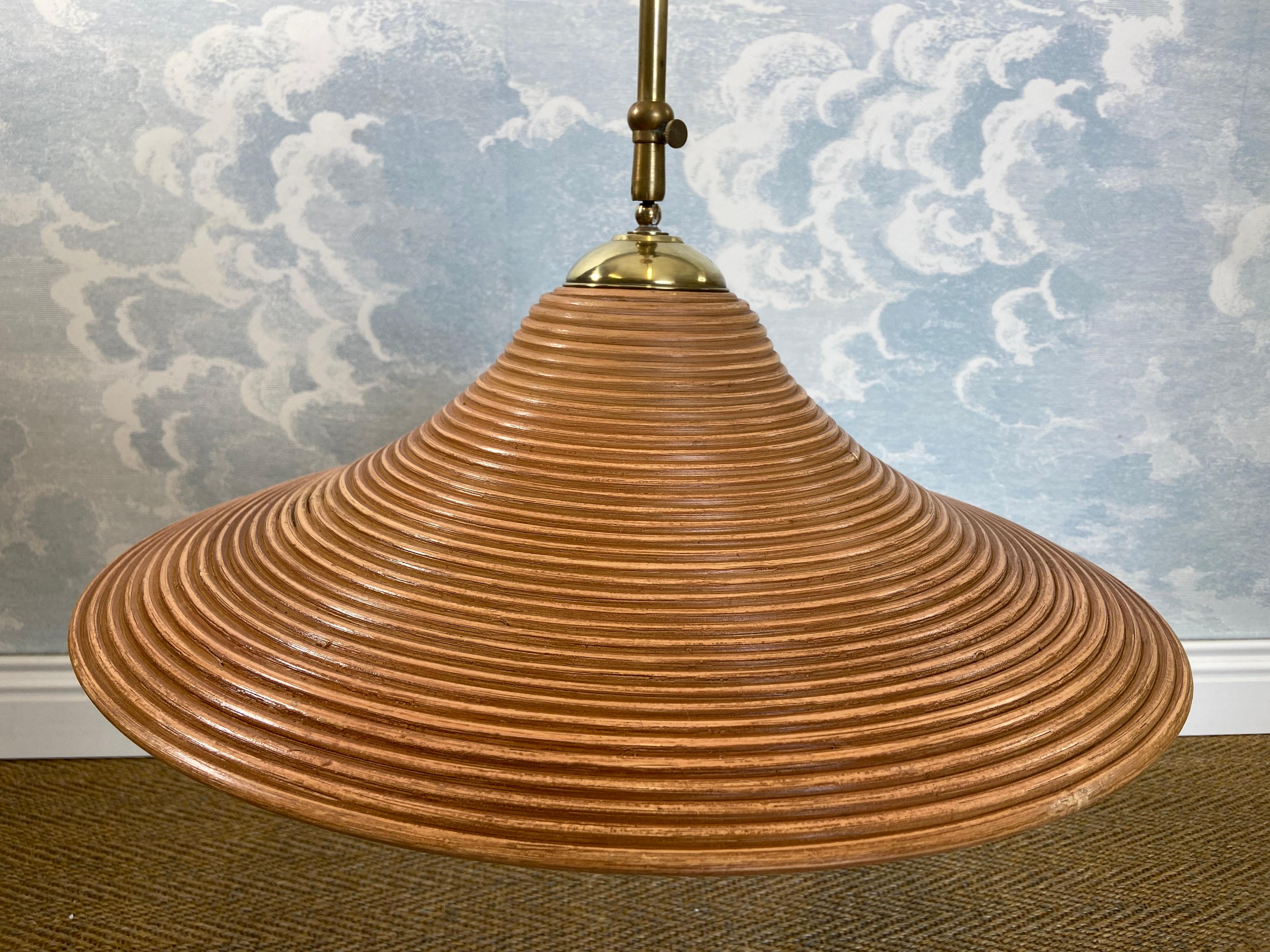 Italian Pencil Reed Pendant Lamp with Extendable Brass Rod, Italy, Mid-Century Modern For Sale