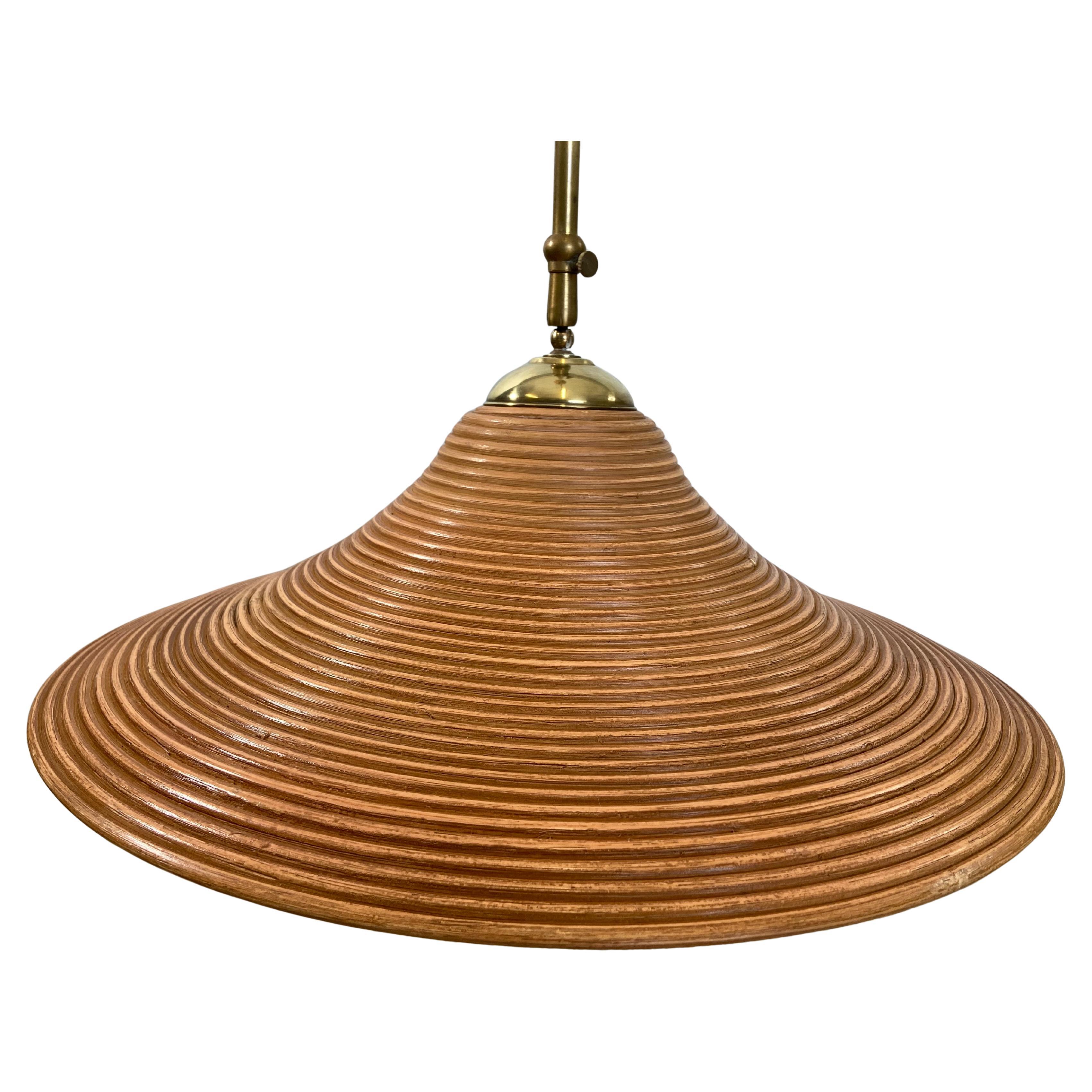 Pencil Reed Pendant Lamp with Extendable Brass Rod, Italy, Mid-Century Modern