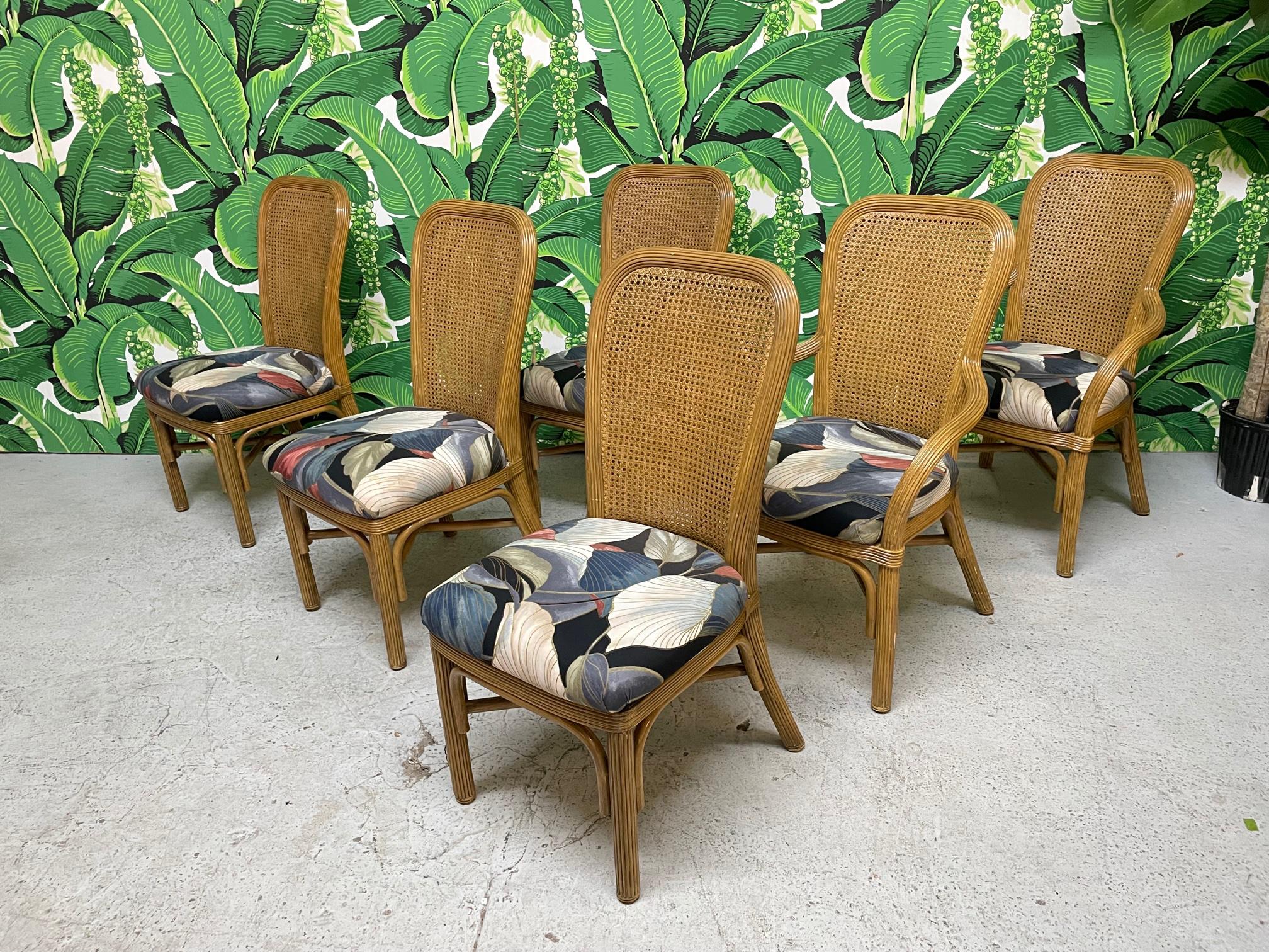 Set of six vintage rattan dining chairs feature veneer of pencil reed rattan and double cane backs. Set consists of 2 arm chairs and 4 side chairs. Very comfortable cushions and structurally sound frames. Good condition with imperfections consistent